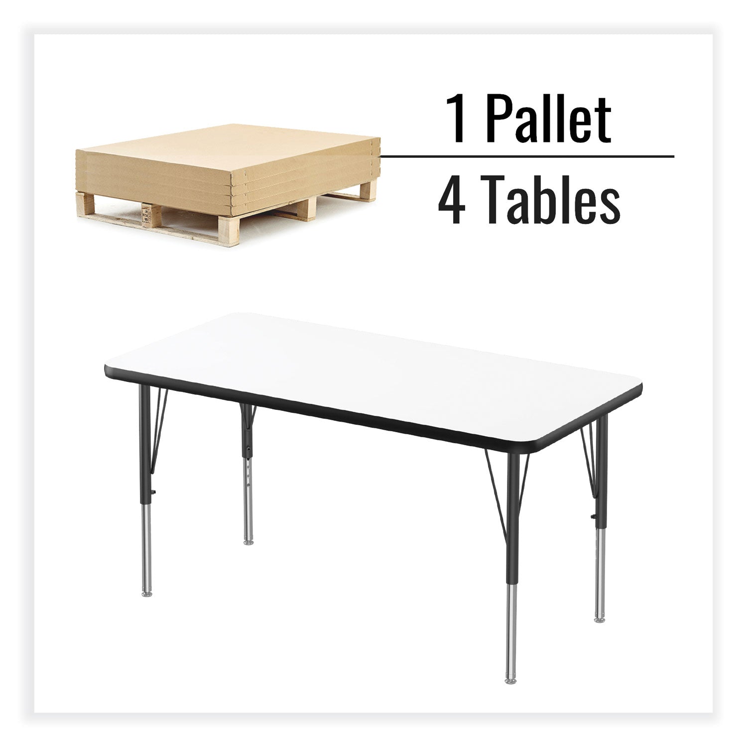 Markerboard Activity Tables, Rectangular, 48" x 24" x 19" to 29", White Top, Black Legs, 4/Pallet