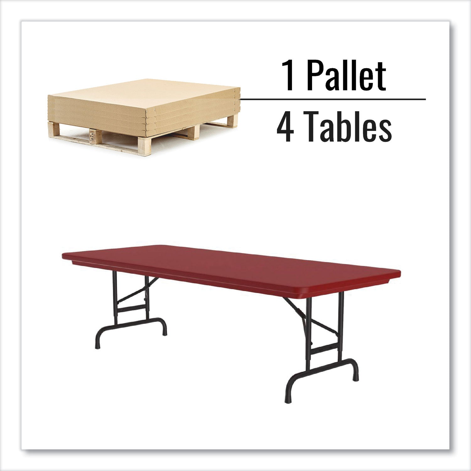 Adjustable Folding Tables, Rectangular, 72" x 30" x 22" to 32", Red Top, Black Base, 4/Pallet