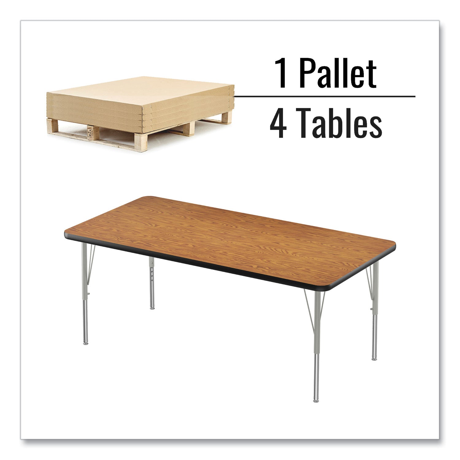 Adjustable Activity Table, Rectangular, 60" x 30" x 19" to 29", Medium Oak Top, Black Legs, 4/Pallet