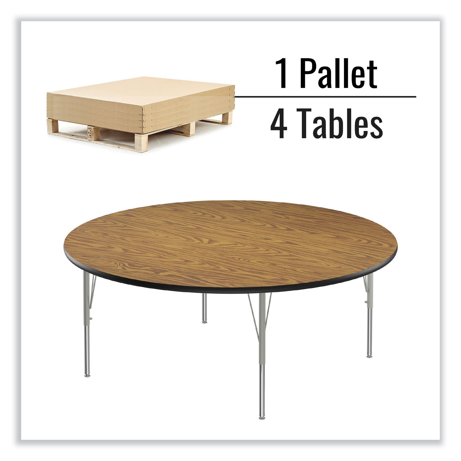 Height Adjustable Activity Tables, Round, 60" x 19" to 29", Medium Oak Top, Gray Legs, 4/Pallet