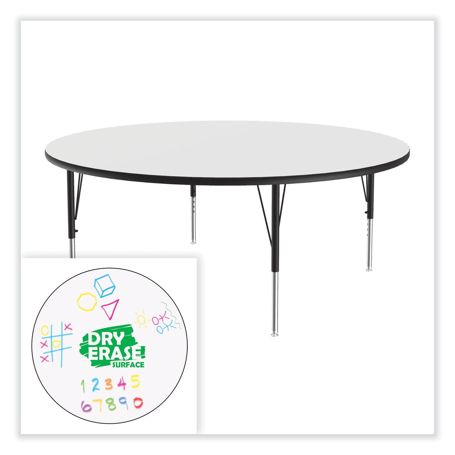 Markerboard Activity Tables, Round, 60" x 19" to 29", White Top, Black/Silver Legs, 4/Pallet
