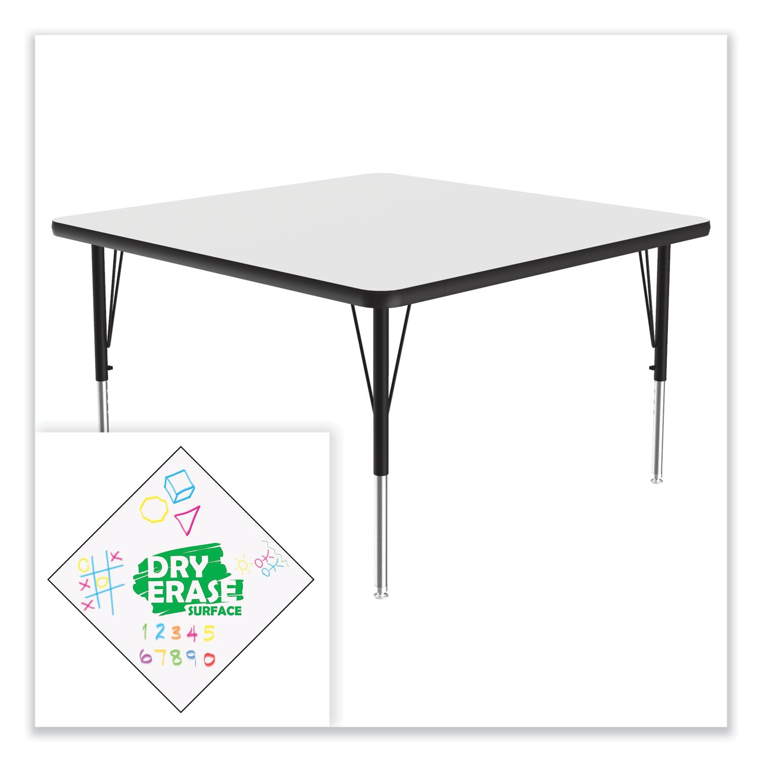 Markerboard Activity Tables, Square, 48" x 48" x 19" to 29", White Top, Black Legs, 4/Pallet
