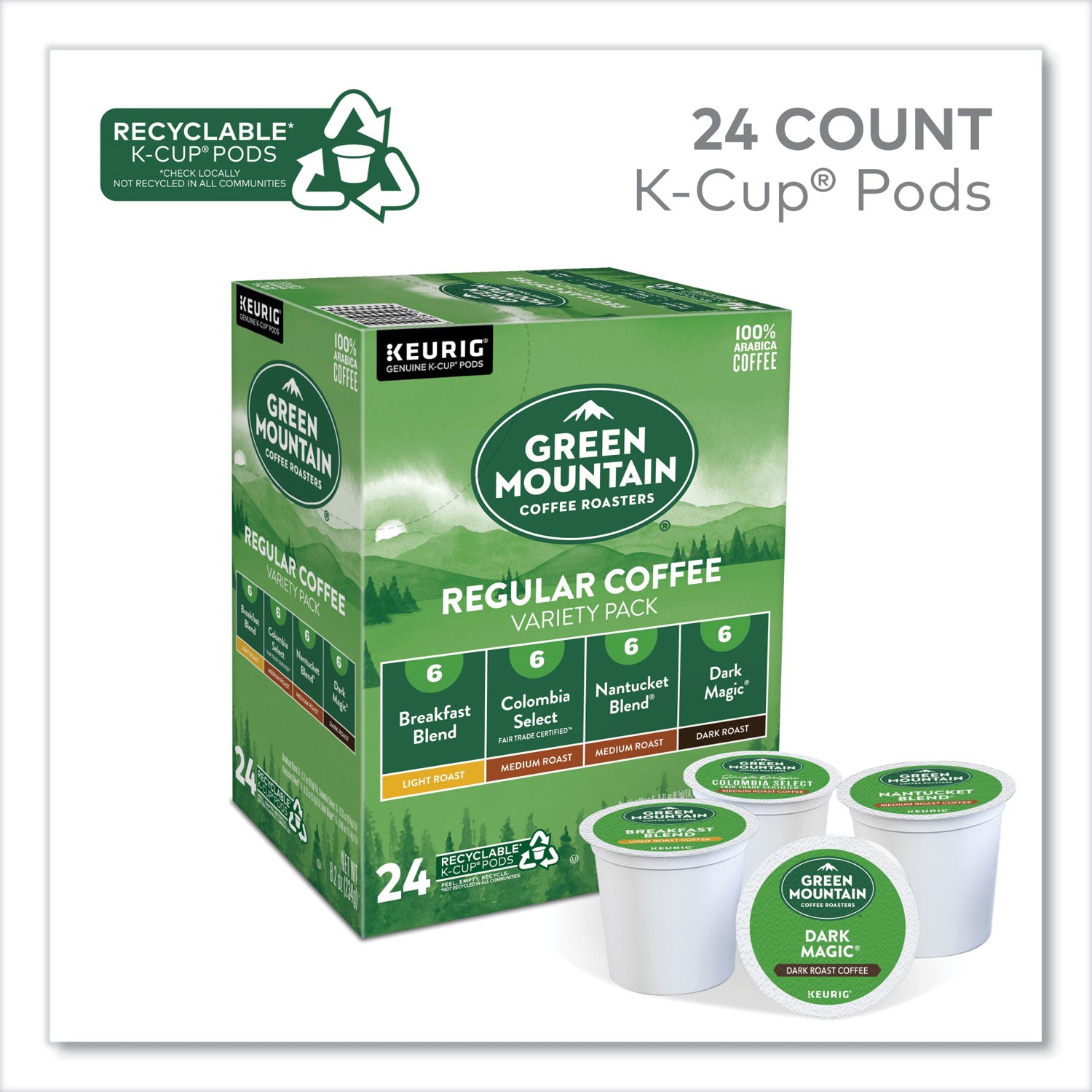Green Mountain Coffee Roasters K-Cup Regular Coffee Variety Pack, Light/Medium/Dark Roast, 24 K-Cups per Box