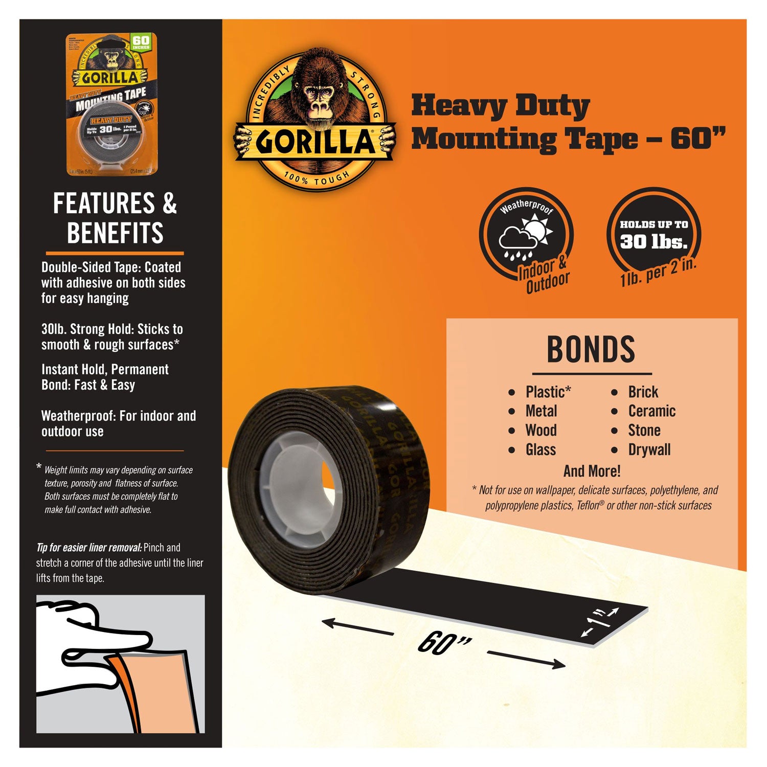 6055002 Gorilla 1 In. x 60 In. Black Heavy Duty Double-Sided Mounting Tape (30 Lb. Capacity)