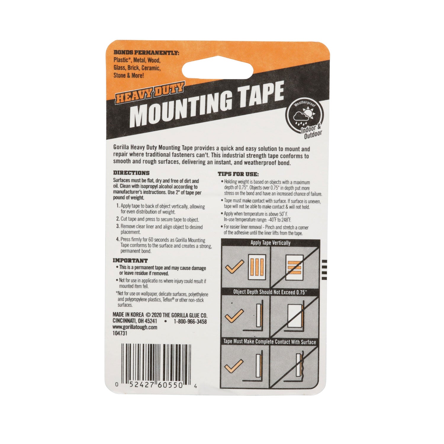 6055002 Gorilla 1 In. x 60 In. Black Heavy Duty Double-Sided Mounting Tape (30 Lb. Capacity)