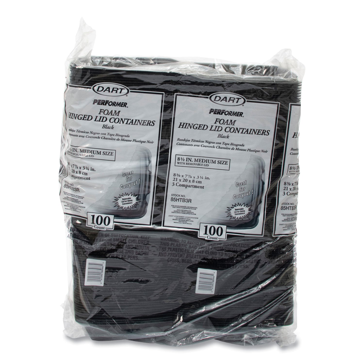 Insulated Foam Hinged Lid Containers, 3 Compartments, 7.96 x 3.2 x 8.36, Black, 200/Carton
