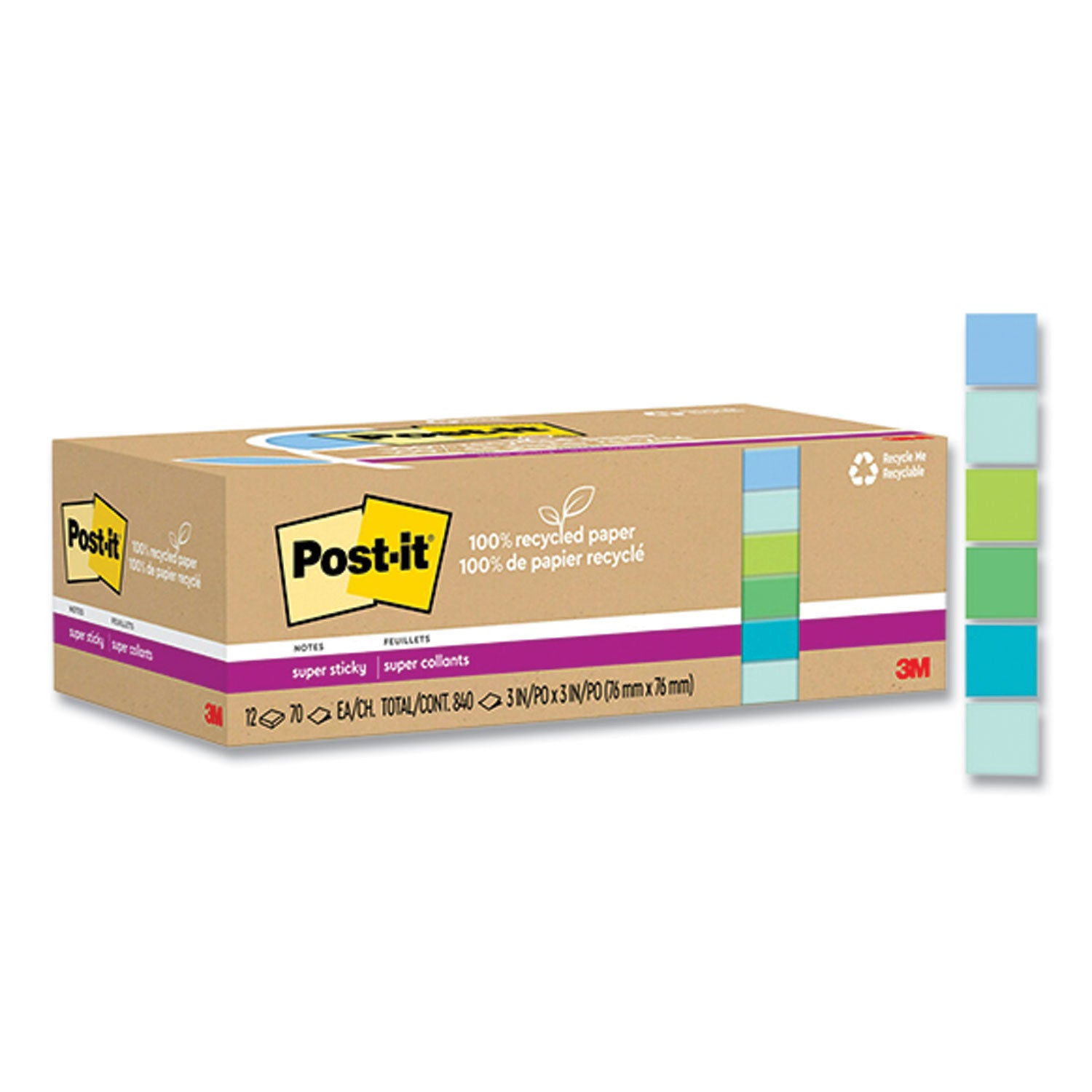 Post-it Recycled Super Sticky Notes, 3" x 3", Square, Assorted Oasis Colors, 70 Sheets per Pad, 12 Pads per Pack