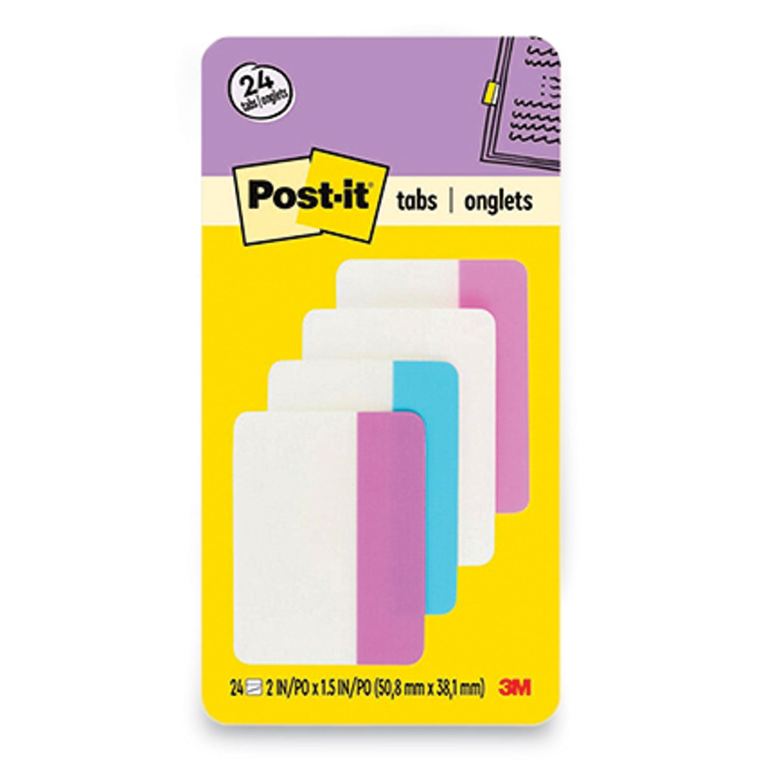 Post-it&reg; Filing Tabs - Write-on Tab(s) - 1.50" Tab Height x 2" Tab Width - Purple, Blue, White, Pink Tab(s) - Reusable, Repositionable, Durable, Wear Resistant, Tear Resistant - 24 / Pack