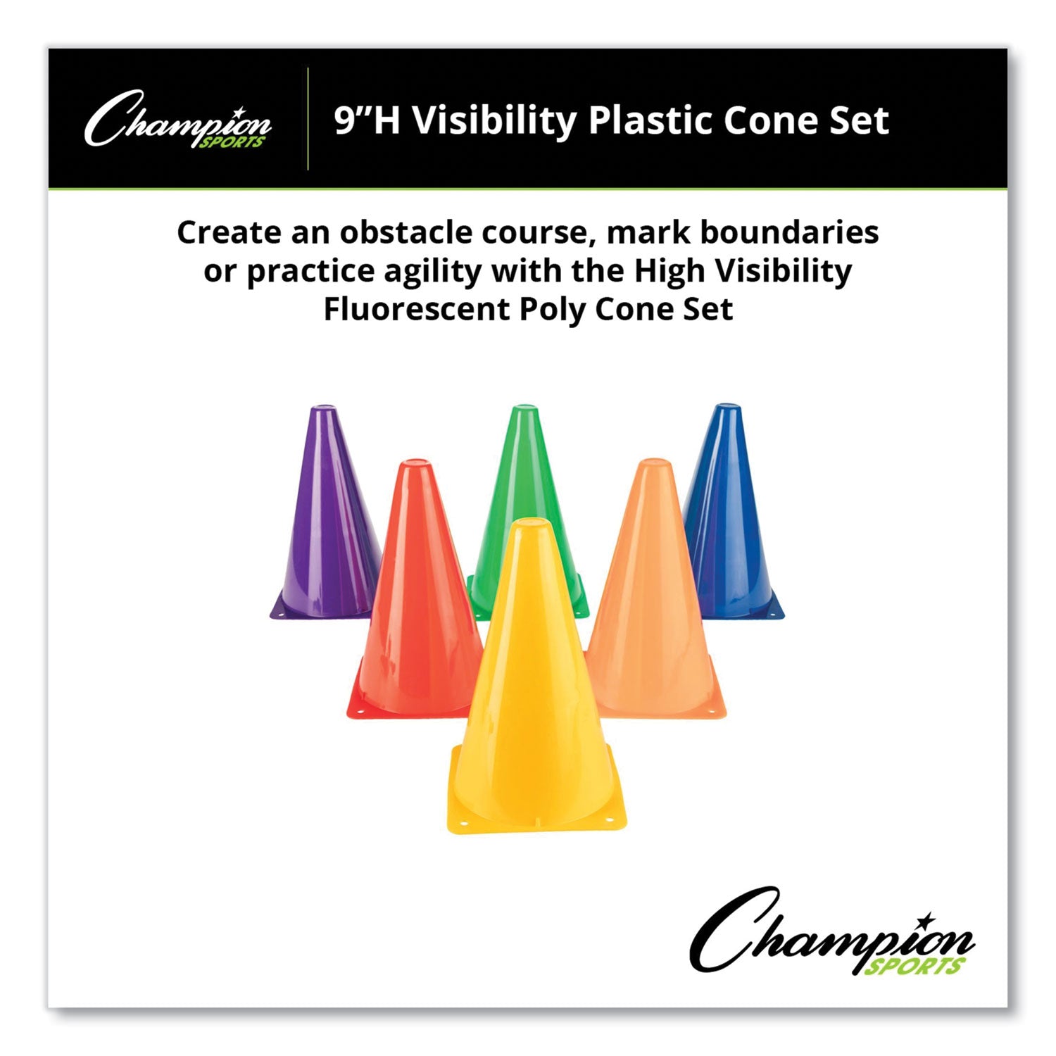 High-Visibility Plastic Cones, 9" Tall, Assorted Colors, 5" x 5" Base, 6/Set