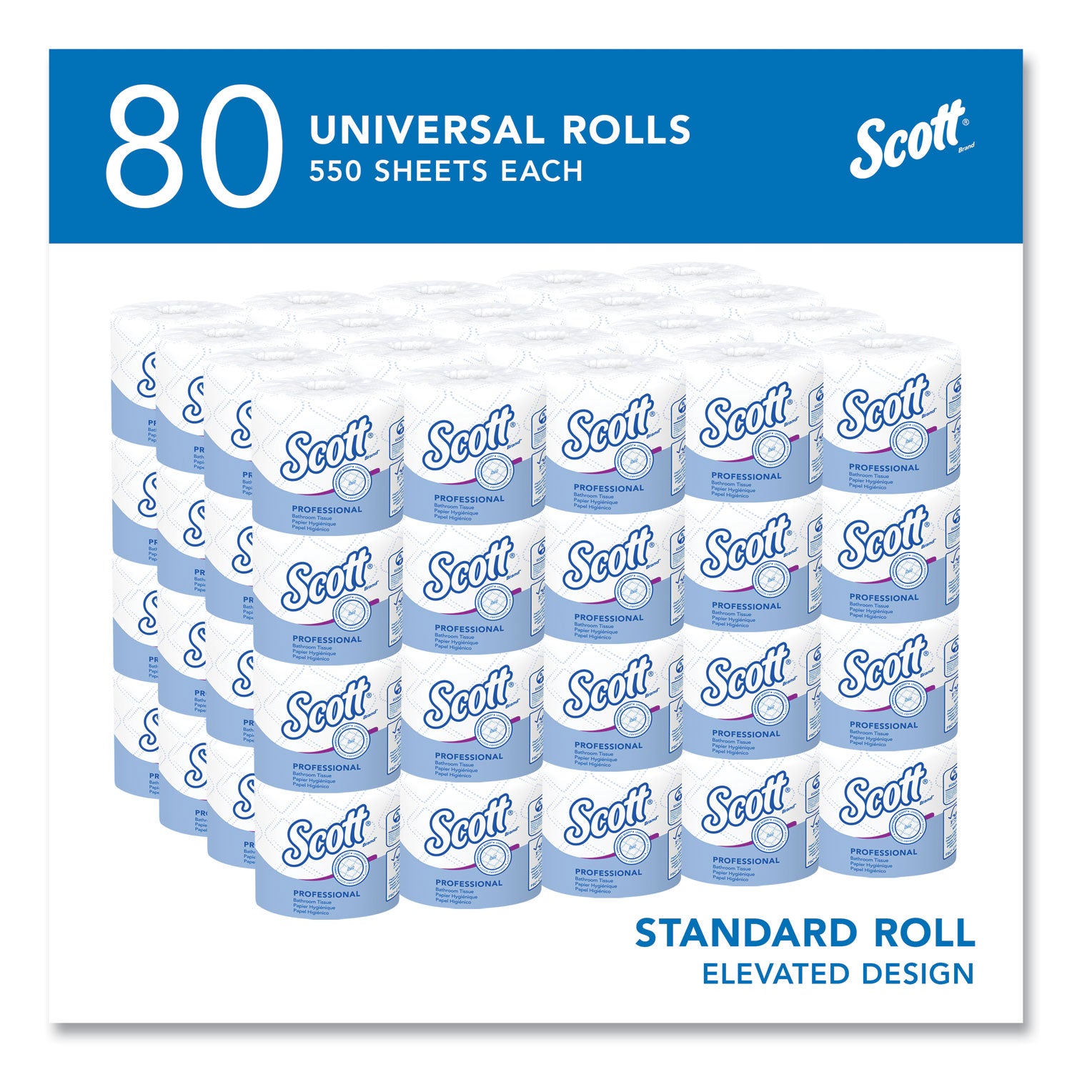 Scott Professional Standard Roll Toilet Paper, 2 Ply, 4" x 4", 550 Sheets per Roll, White, 1 Carton