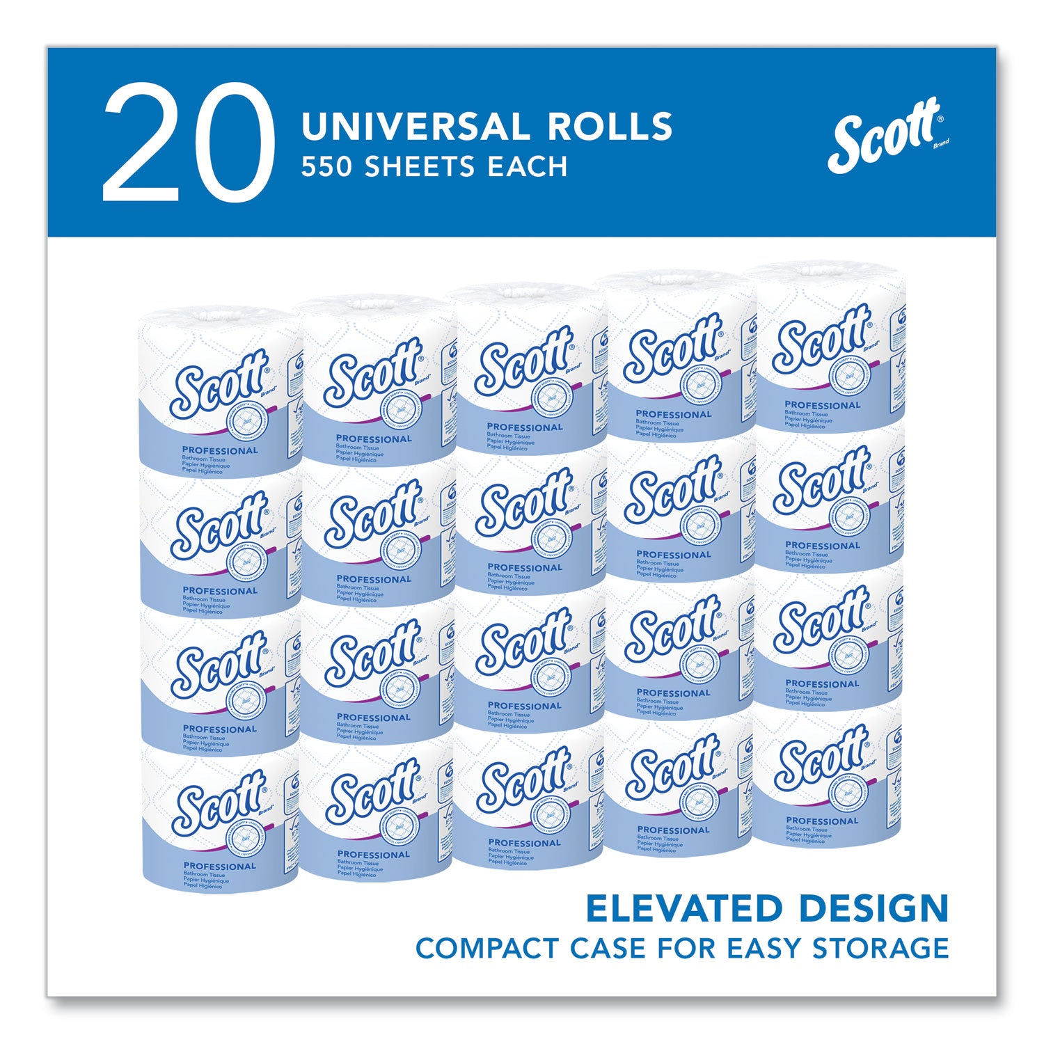Scott Professional Standard Roll Toilet Paper, 2 Ply, 4" x 4", 550 Sheets per Roll, White, 1 Carton