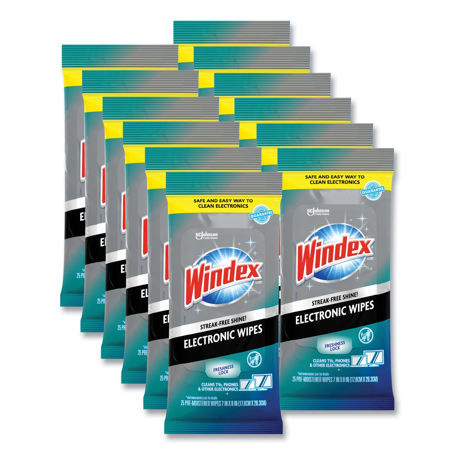 Windex&reg; Electronic Wipes - For Multipurpose, Multi Surface - Pre-moistened, Non-drip, Ammonia-free, Damage Resistant, Residue-free, Streak-free - White - 25/Packet - 1 Each