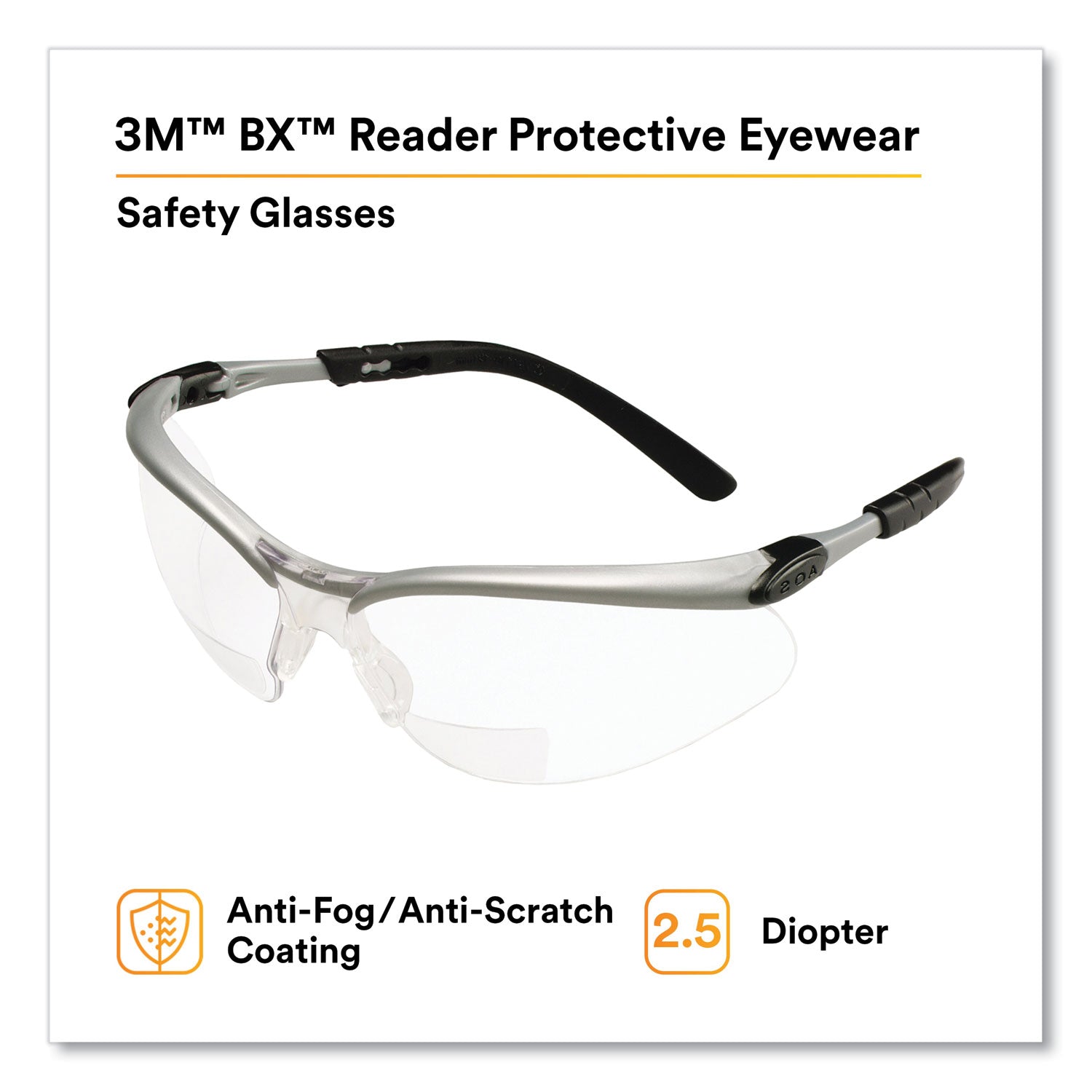 BX Molded-In Diopter Safety Glasses, 2.5+ Diopter Strength, Silver/Black Frame, Clear Lens