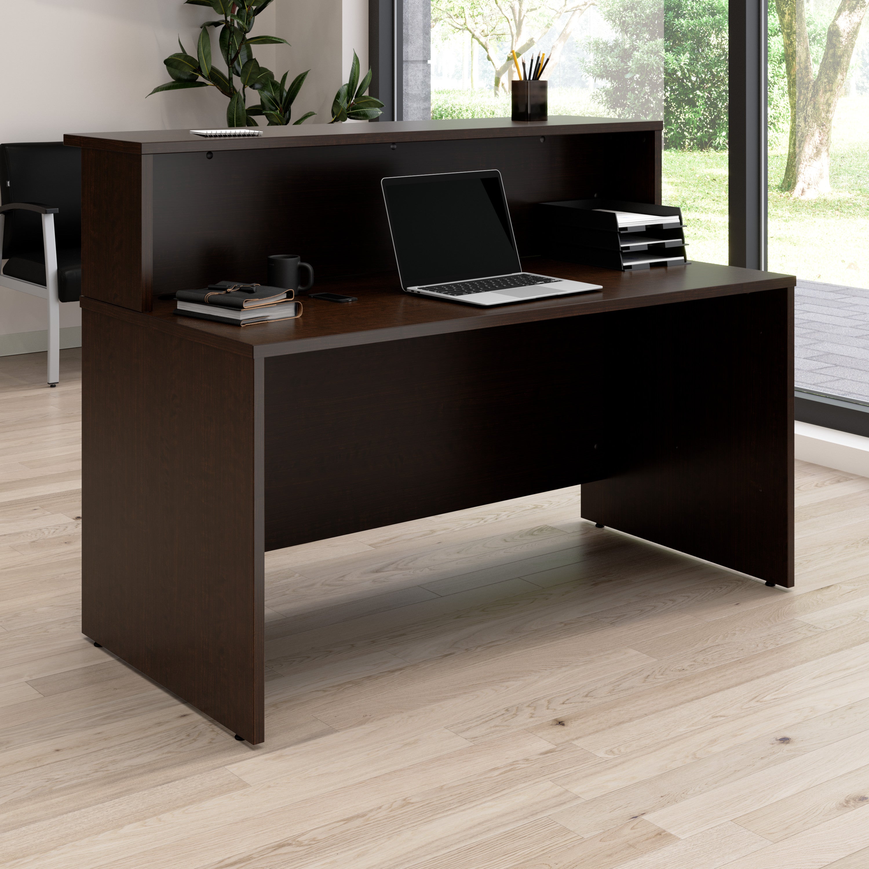 Bush Business Furniture Arrive 60W x 30D Reception Desk with Shelf in Mocha Cherry - 59.45" Width x 29.37" Depth x 43.71" Height