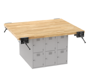Forum Industrial Arts Four-Station Workbench with Steel Lockers W/4 Vises