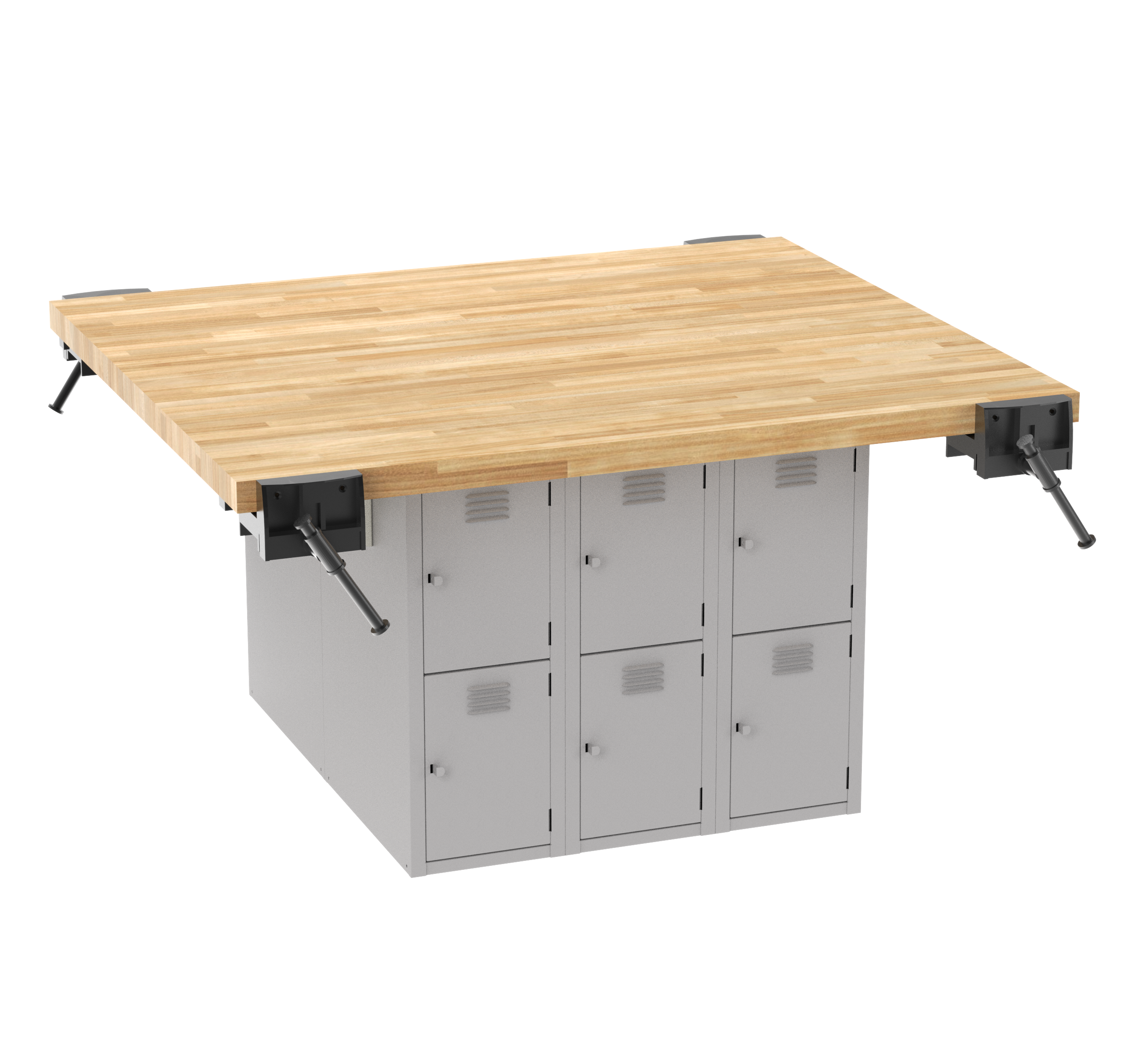 Forum Industrial Arts Four-Station Workbench with Steel Lockers W/4 Vises