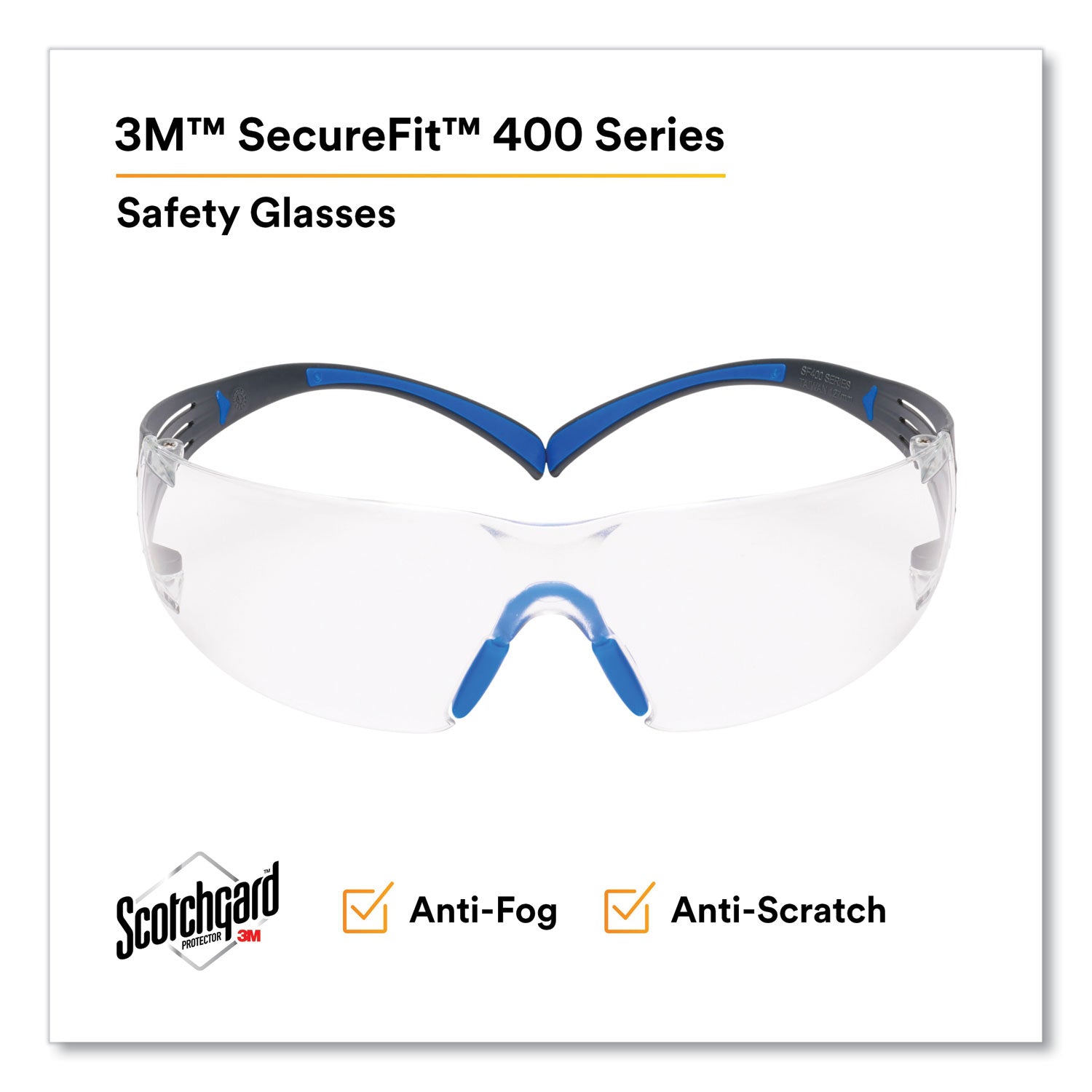 3M SecureFit 400 Protective Eyewear, Clear Lens, Blue/Gray/Black Frame, Anti-Fog, Impact & Scratch Resistant, Self-Adjusting, Lightweight, 1 Pair
