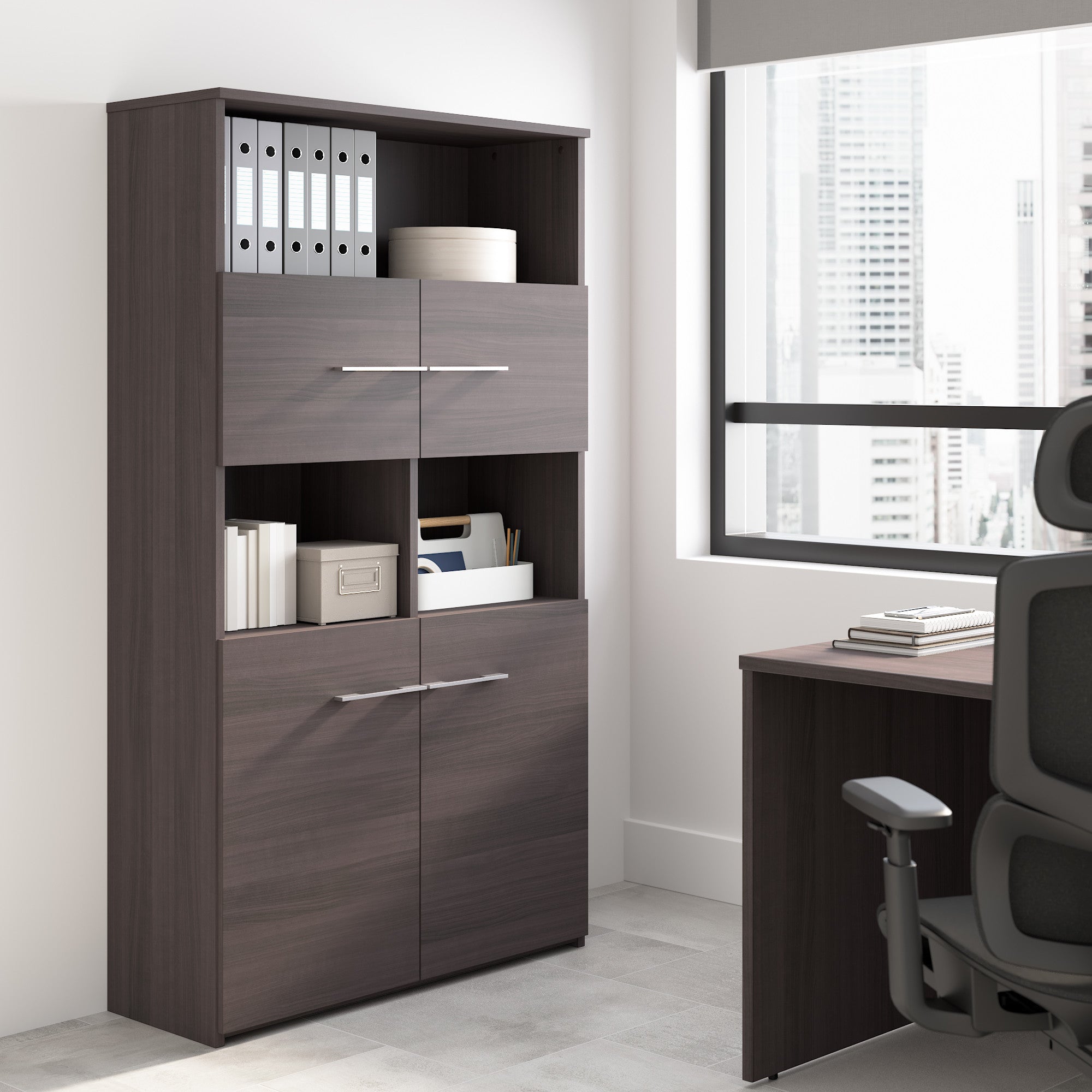 Bush Business Furniture Office 500 5 Shelf Bookcase with Doors in Storm Gray - 35.67" Width x 15.35" Depth x 70.08" Height