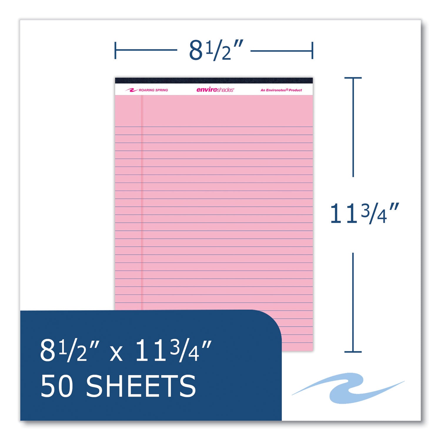 Roaring Spring EnviroShades Colored Legal Pad, Pink, 11 3/4" x 8 1/2", 50 Sheets per Pad, 72 Pads per Carton, Wide Ruled, Double Red Margin, Stapled/Tapebound, Recycled, Chipboard Cover