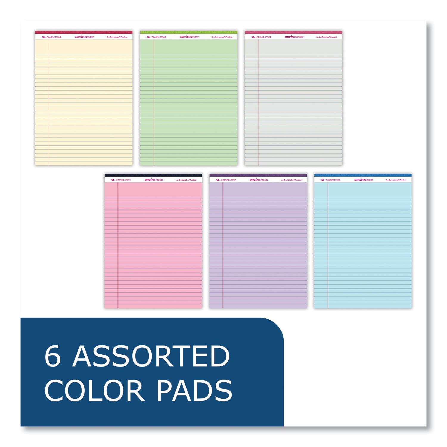 Roaring Spring EnviroShades Legal Pad, 11 3/4" x 8 1/2", 50 Sheets, 100 Pages, Wide Ruled, Assorted Colors, Recycled, Stapled/Tapebound, Chipboard Cover, 6 Pads/Pack, 6 Packs/Carton