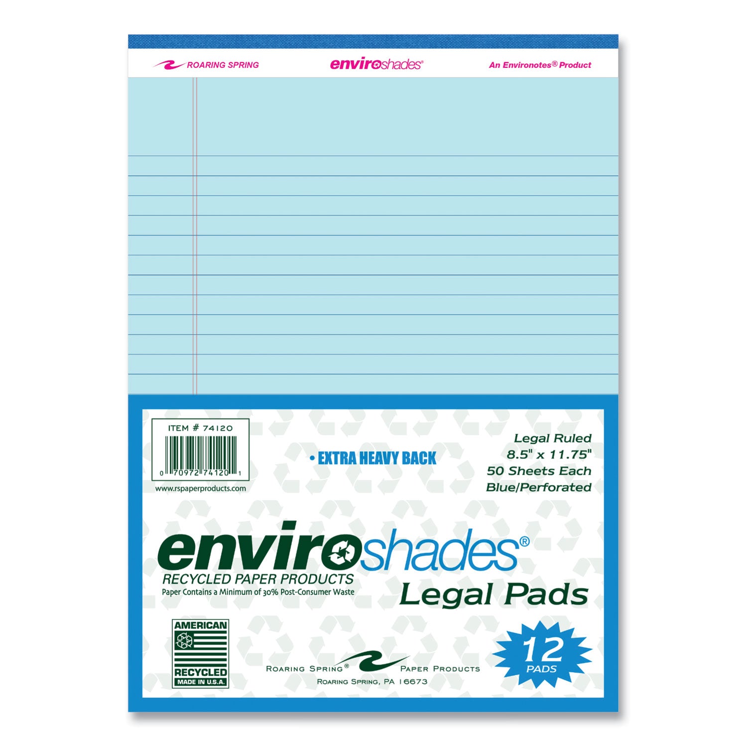 Roaring Spring EnviroShades Colored Legal Pad, Blue, 50 Sheets per Pad, 100 Pages, 11-3/4" x 8-1/2", Wide Ruled, Double Red Margin, Stapled/Tapebound, Recycled, 72 Pads per Carton