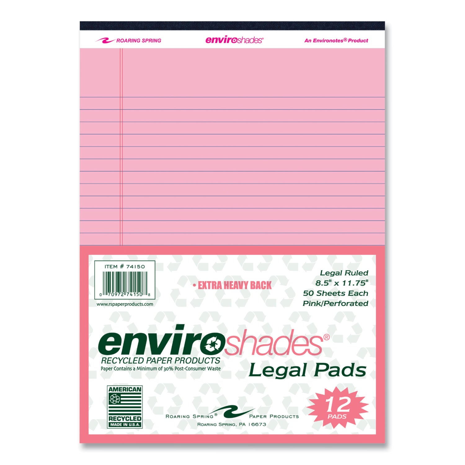 Roaring Spring EnviroShades Colored Legal Pad, Pink, 11 3/4" x 8 1/2", 50 Sheets per Pad, 72 Pads per Carton, Wide Ruled, Double Red Margin, Stapled/Tapebound, Recycled, Chipboard Cover