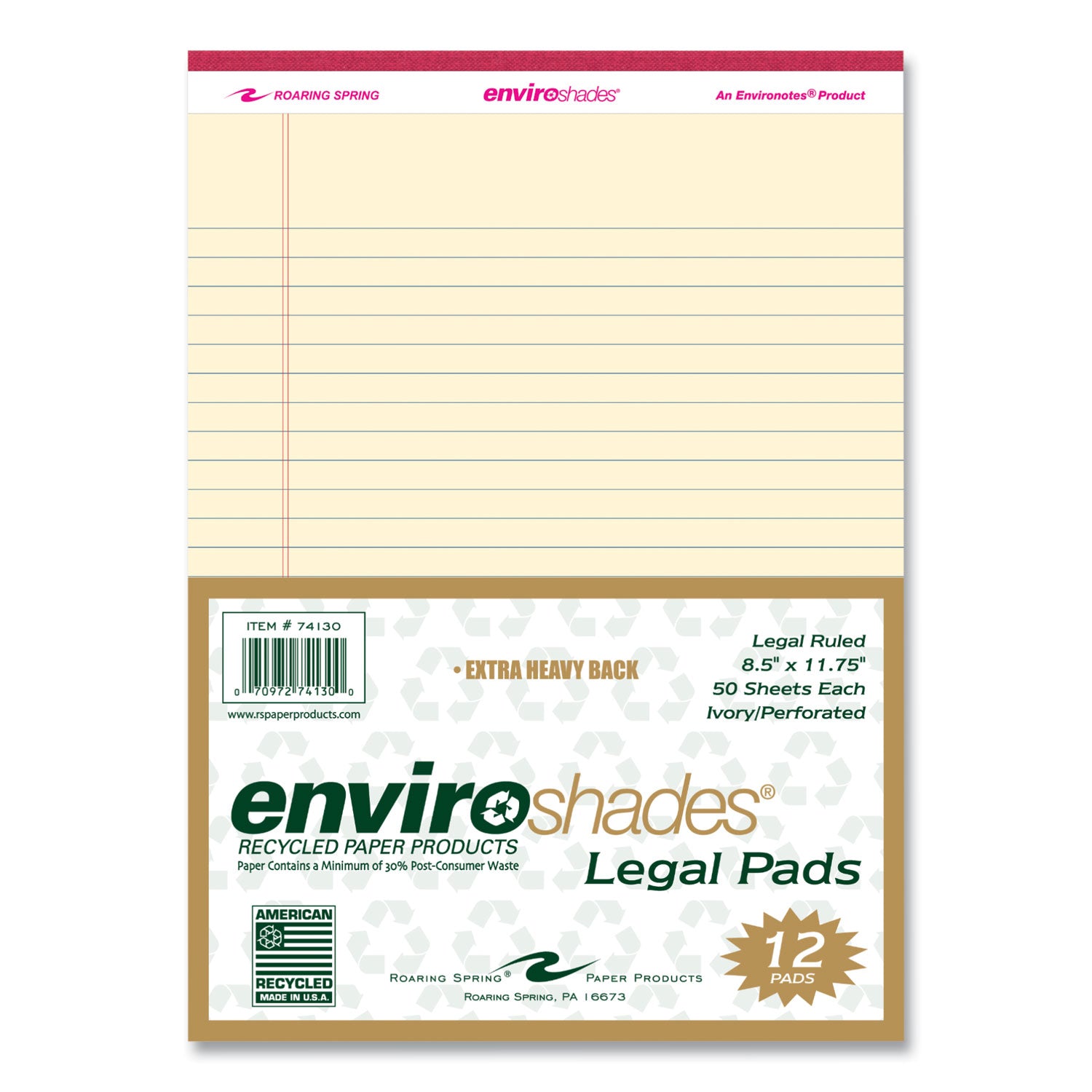 Roaring Spring EnviroShades Colored Legal Pad, 50 Sheets, 100 Pages, Ivory, 11 3/4" x 8 1/2", Double Line Red Margin, Stapled/Tapebound, Chipboard Cover, Recycled, 72 Pads per Carton