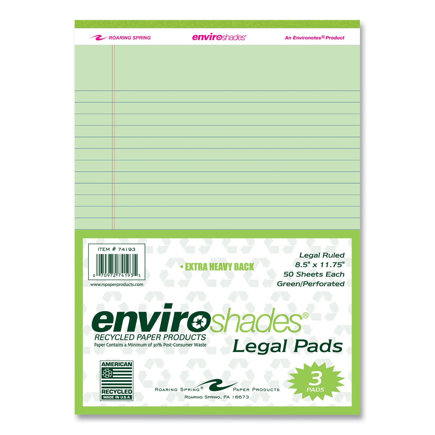 Enviroshades Legal Notepads, 50 Green 8.5 x 11.75 Sheets, 72 Notepads/Carton