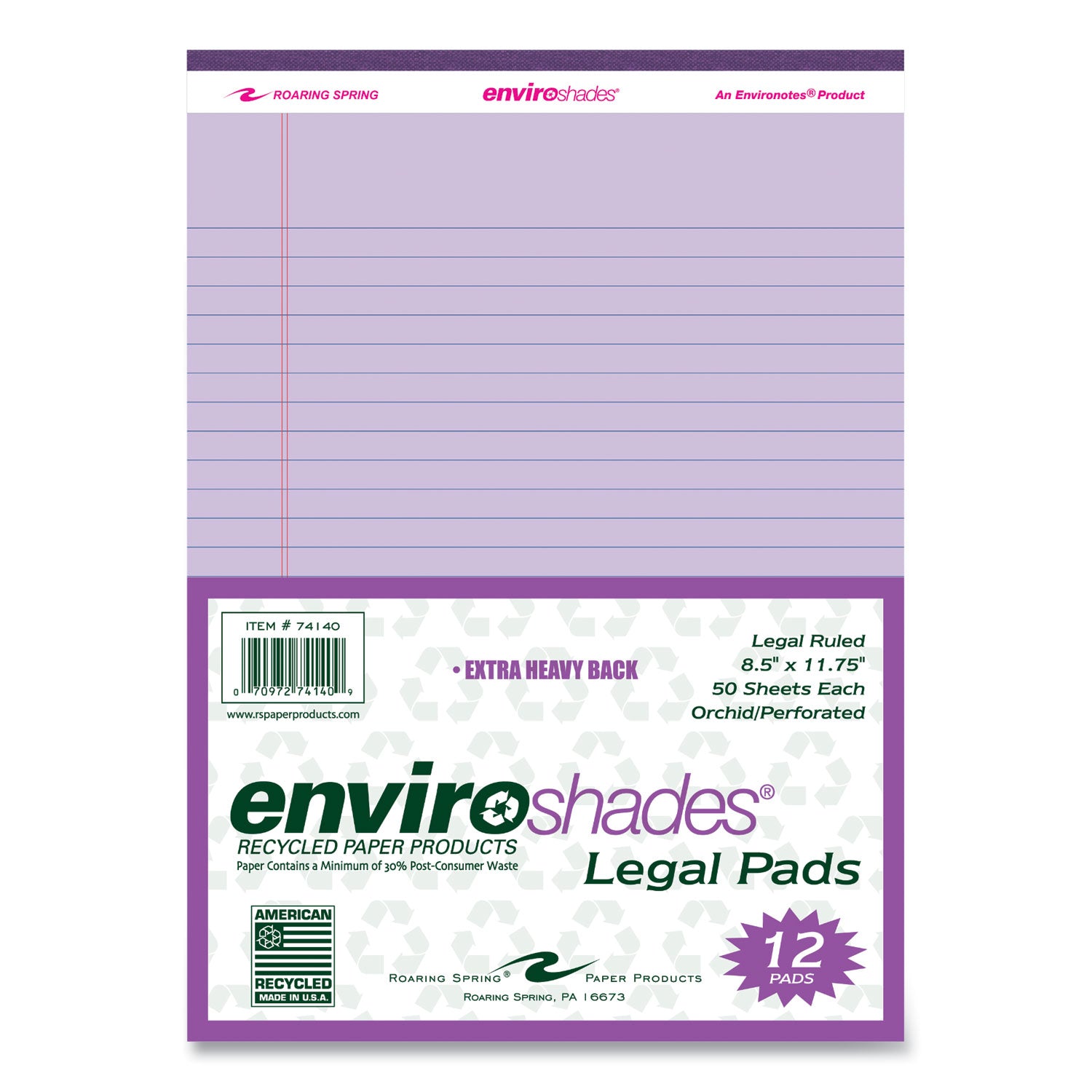 Roaring Spring EnviroShades Colored Legal Pad, Orchid, 11 3/4" x 8 1/2", 50 Sheets, 100 Pages, Double Line Red Margin, Stapled/Tapebound, Recycled, Purple Binding, 72 Pads per Carton