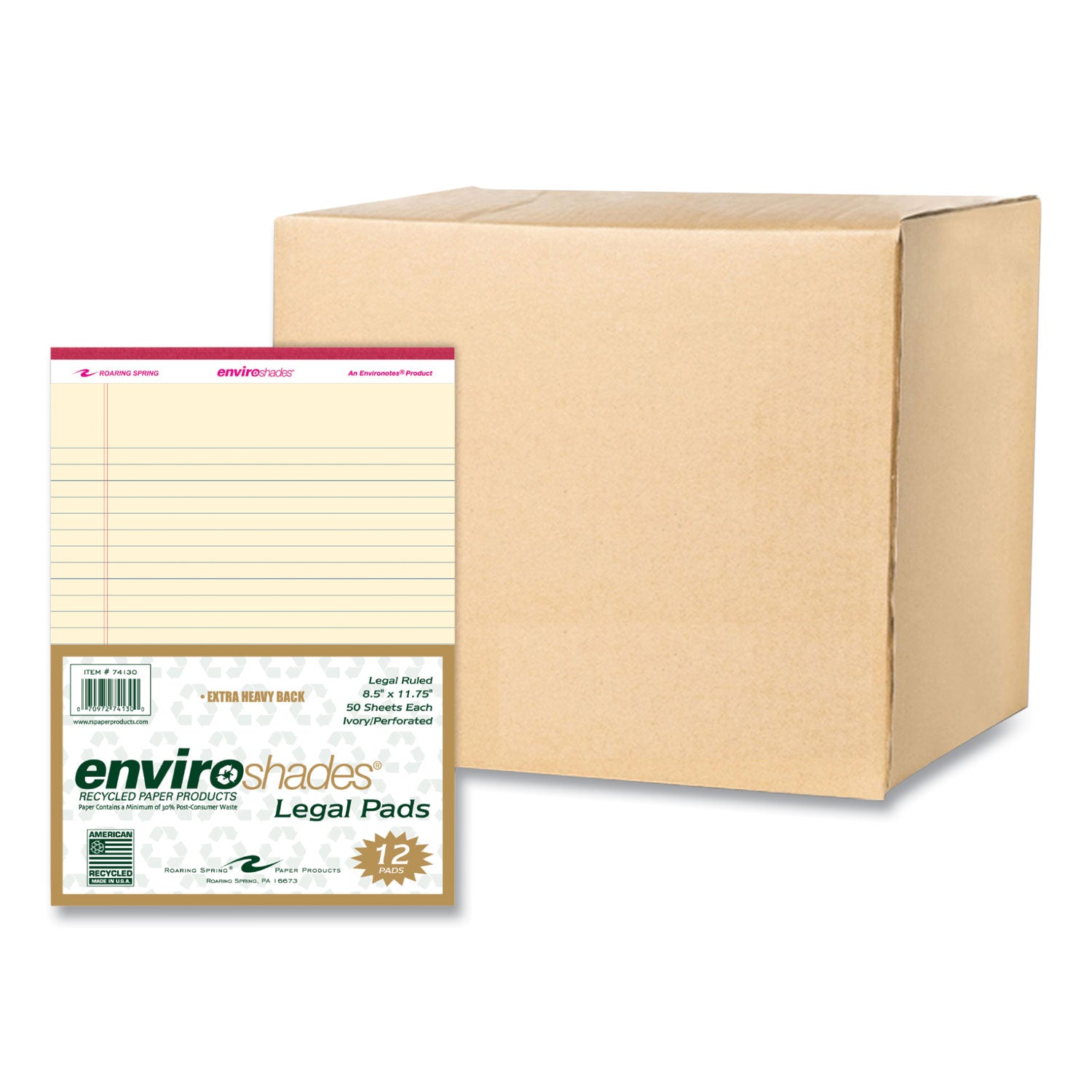 Roaring Spring EnviroShades Colored Legal Pad, 50 Sheets, 100 Pages, Ivory, 11 3/4" x 8 1/2", Double Line Red Margin, Stapled/Tapebound, Chipboard Cover, Recycled, 72 Pads per Carton