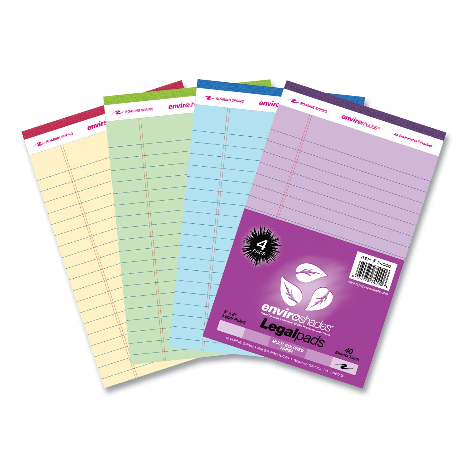 Roaring Spring EnviroShades Legal Pad, 8" x 5", 40 Sheets, 80 Pages, Orchid/Blue/Green/Ivory, Wide Ruled, Double Red Margin, Recycled, 4 Pads per Pack, 1 Carton