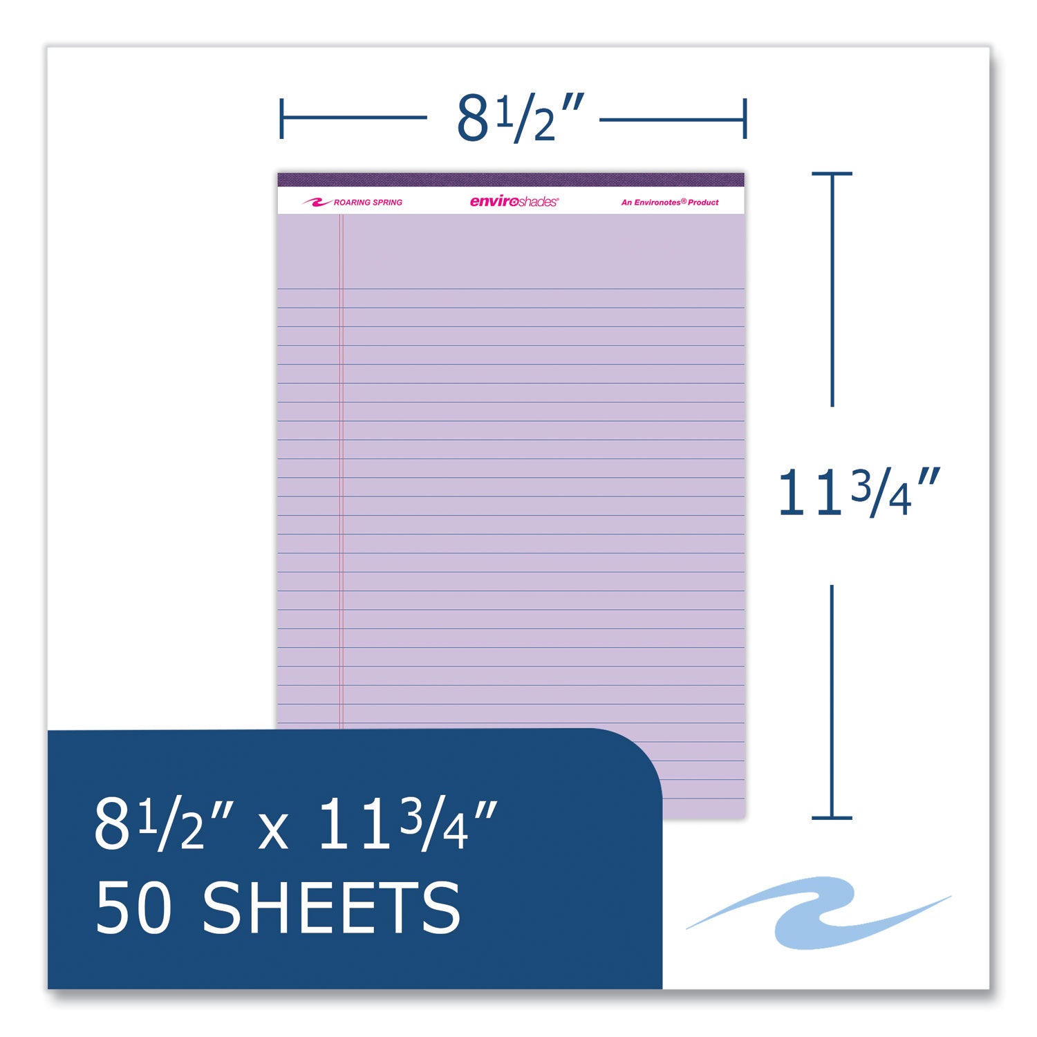 Roaring Spring EnviroShades Colored Legal Pad, Orchid, 11 3/4" x 8 1/2", 50 Sheets, 100 Pages, Double Line Red Margin, Stapled/Tapebound, Recycled, Purple Binding, 72 Pads per Carton