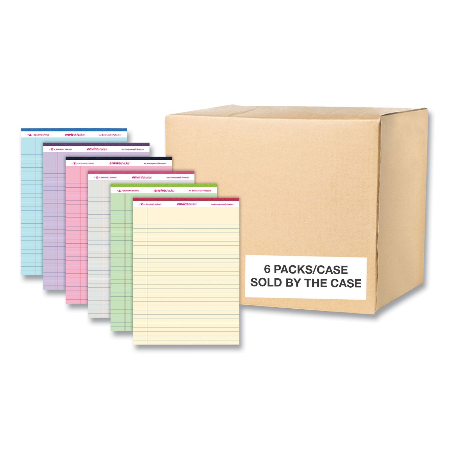 Roaring Spring EnviroShades Legal Pad, 11 3/4" x 8 1/2", 50 Sheets, 100 Pages, Wide Ruled, Assorted Colors, Recycled, Stapled/Tapebound, Chipboard Cover, 6 Pads/Pack, 6 Packs/Carton