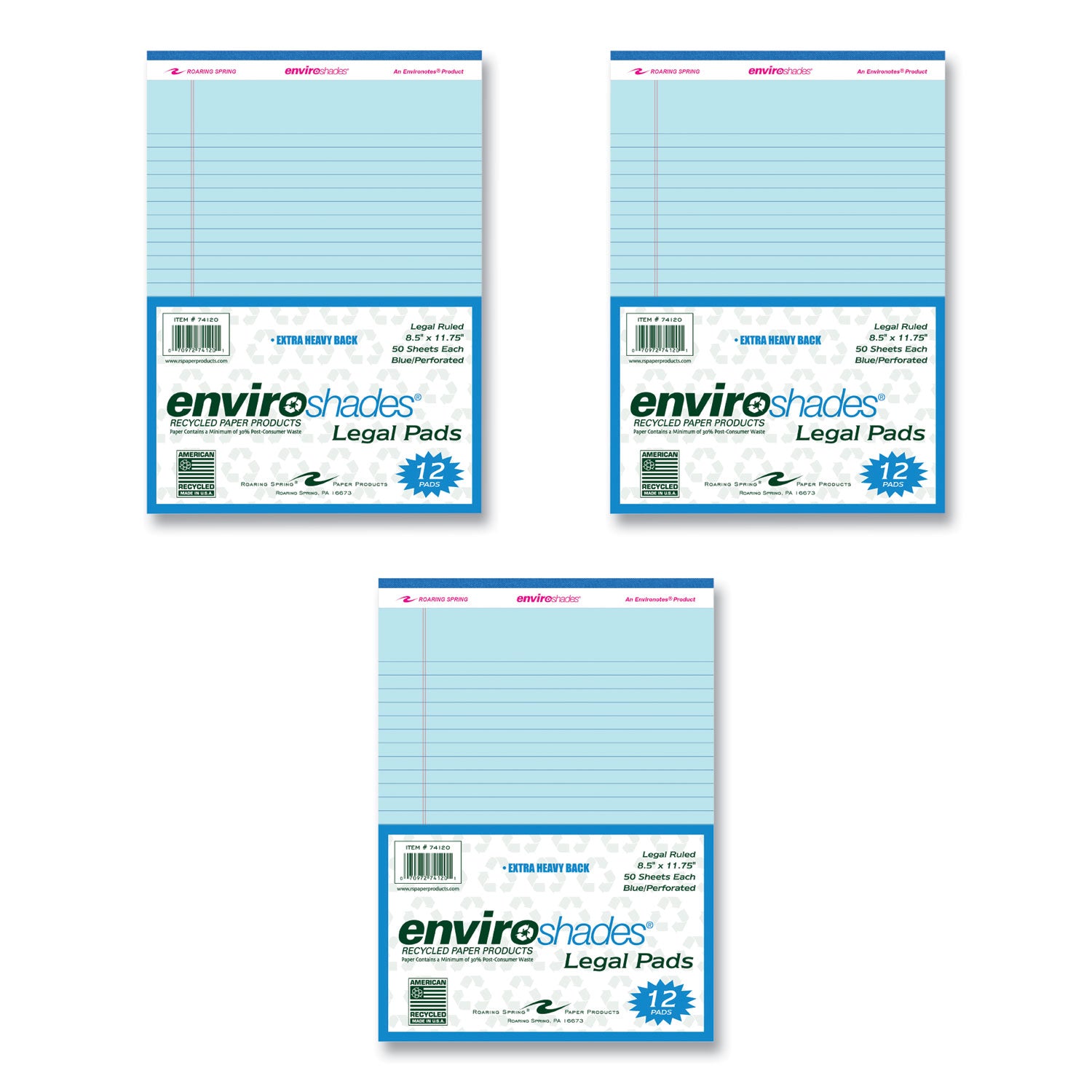 Roaring Spring EnviroShades Colored Legal Pad, Blue, 50 Sheets per Pad, 100 Pages, 11-3/4" x 8-1/2", Wide Ruled, Double Red Margin, Stapled/Tapebound, Recycled, 72 Pads per Carton