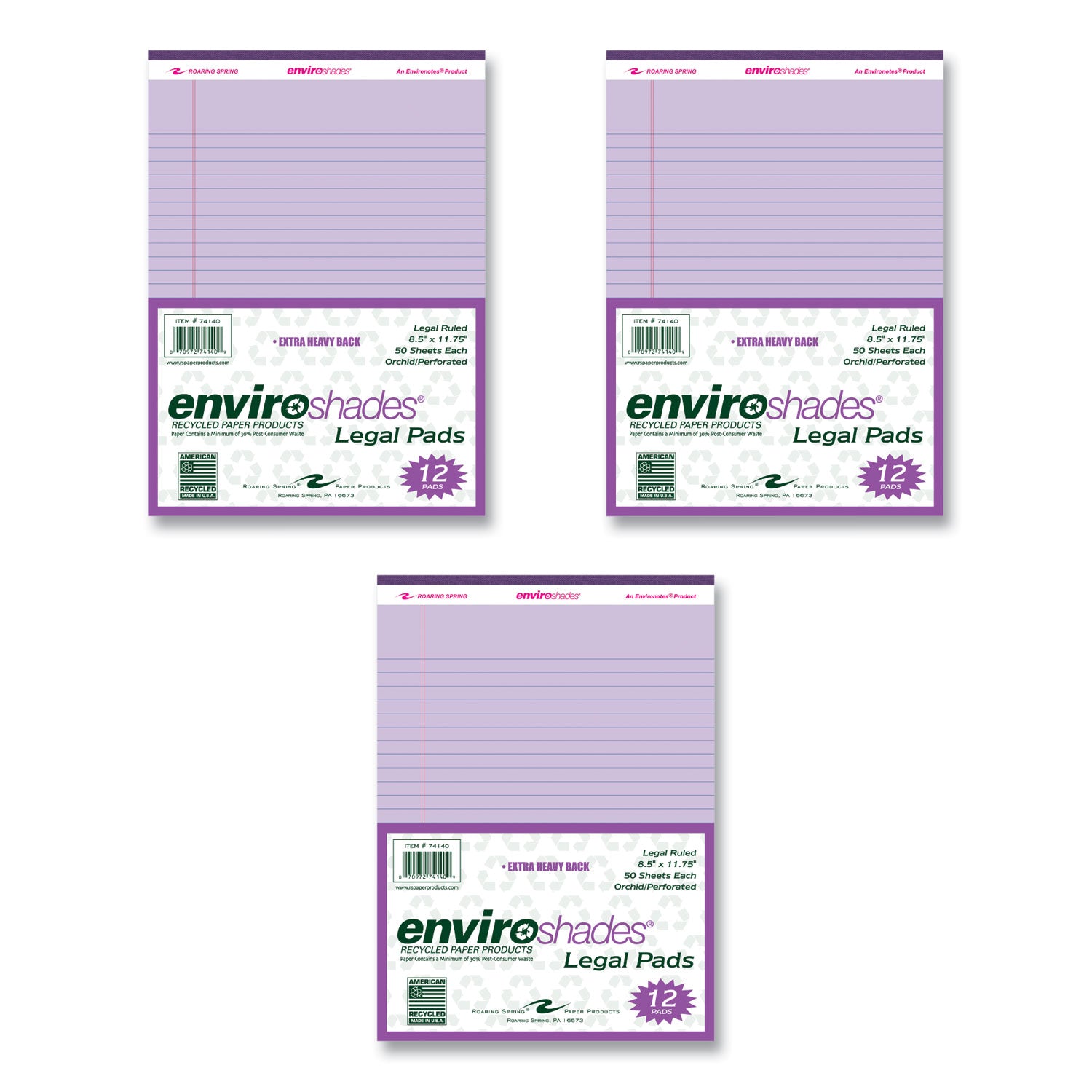 Roaring Spring EnviroShades Colored Legal Pad, Orchid, 11 3/4" x 8 1/2", 50 Sheets, 100 Pages, Double Line Red Margin, Stapled/Tapebound, Recycled, Purple Binding, 72 Pads per Carton