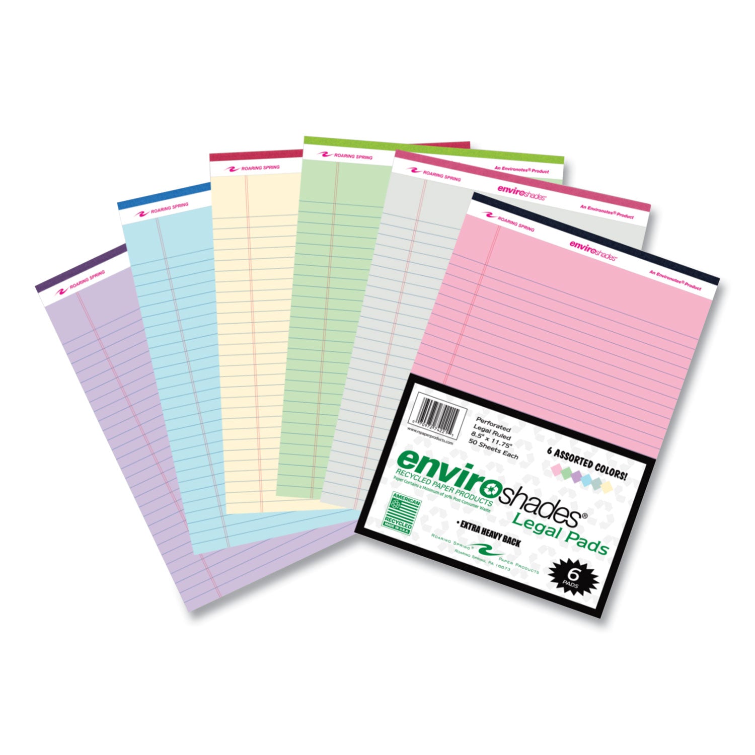 Roaring Spring EnviroShades Legal Pad, 11 3/4" x 8 1/2", 50 Sheets, 100 Pages, Wide Ruled, Assorted Colors, Recycled, Stapled/Tapebound, Chipboard Cover, 6 Pads/Pack, 6 Packs/Carton