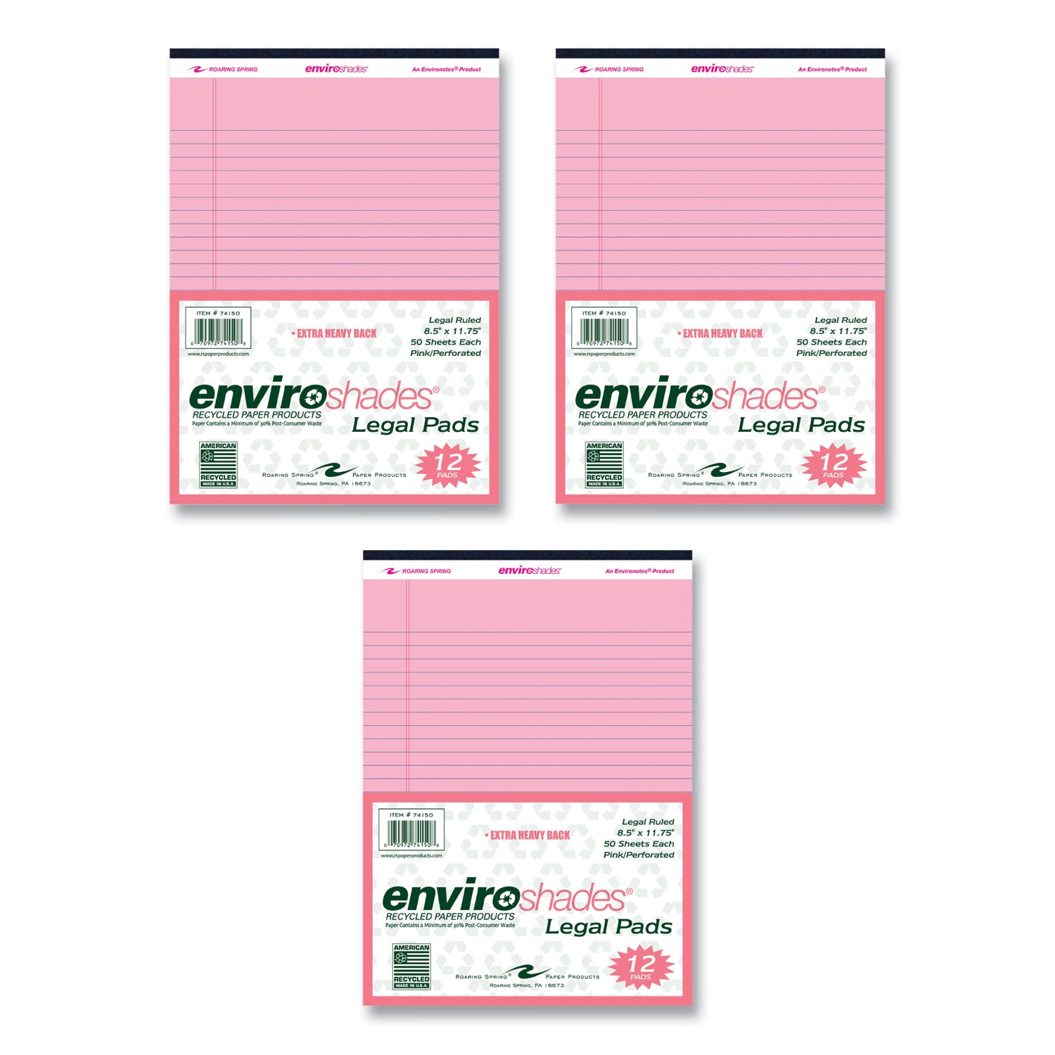 Roaring Spring EnviroShades Colored Legal Pad, Pink, 11 3/4" x 8 1/2", 50 Sheets per Pad, 72 Pads per Carton, Wide Ruled, Double Red Margin, Stapled/Tapebound, Recycled, Chipboard Cover