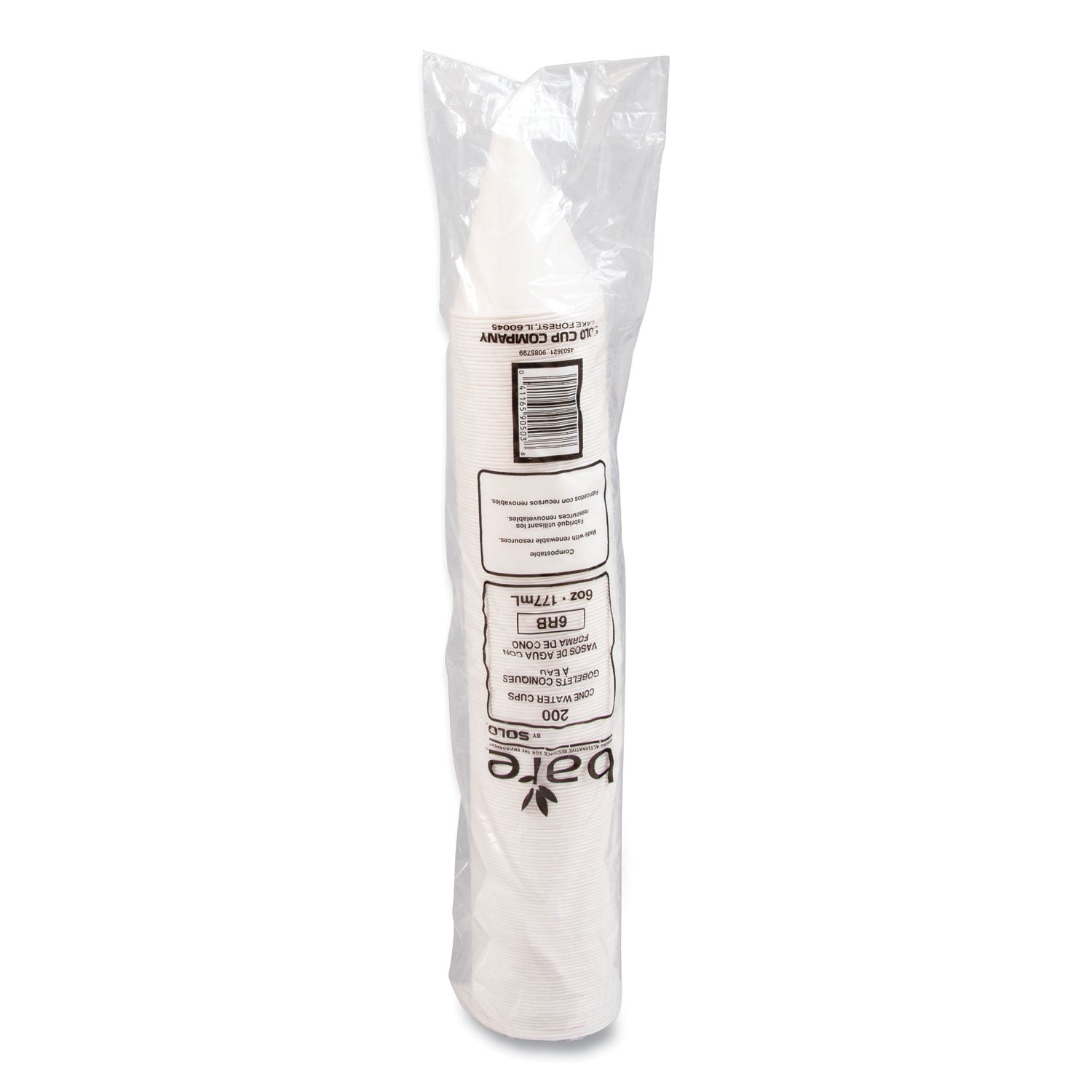 Bare Eco-Forward Treated Paper Cone Cups, 6 oz, White, 200/Sleeve, 25 Sleeves/Carton