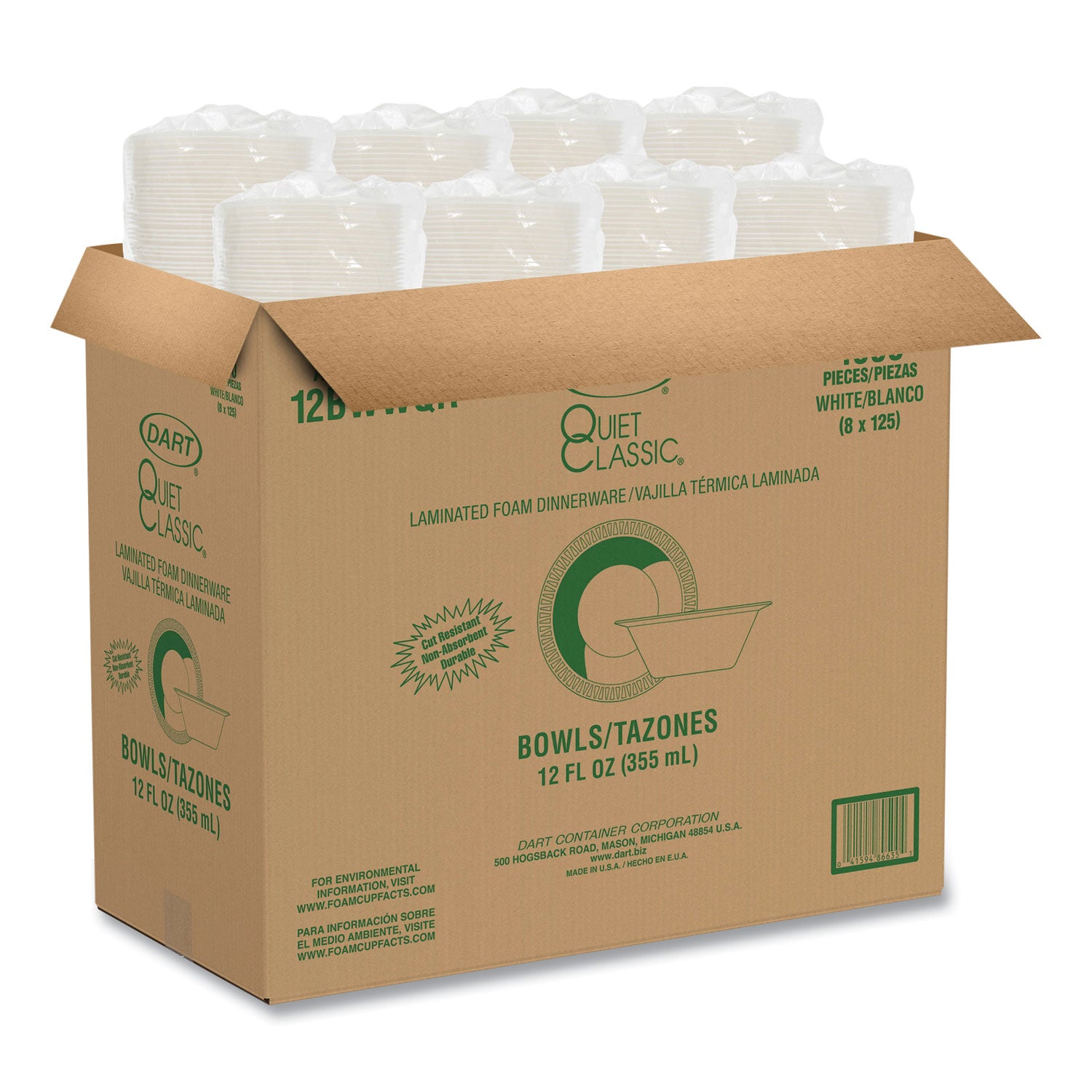 Dart Quiet Classic 12 oz Laminated Foam Bowls - Plastic, Foam Body - 125 / Pack