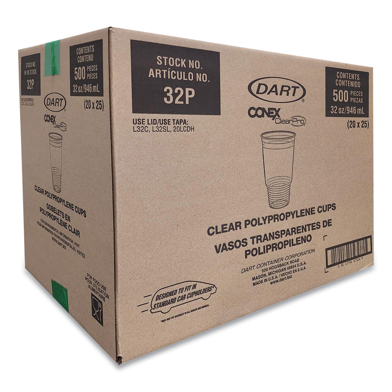Conex ClearPro Plastic Cold Cups, 32 oz, Clear, 25/Bag, 20 Bags/Carton