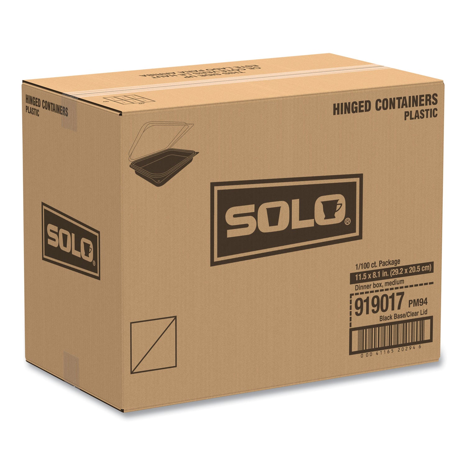 Hinged-Lid Dinner Box, 64 oz, 11.5 x 8.1 x 3, Black/Clear, Plastic, 100/Carton