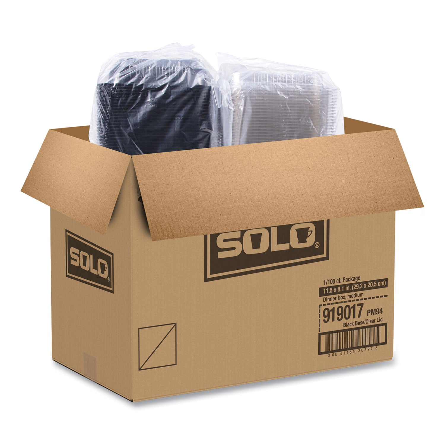 Hinged-Lid Dinner Box, 64 oz, 11.5 x 8.1 x 3, Black/Clear, Plastic, 100/Carton