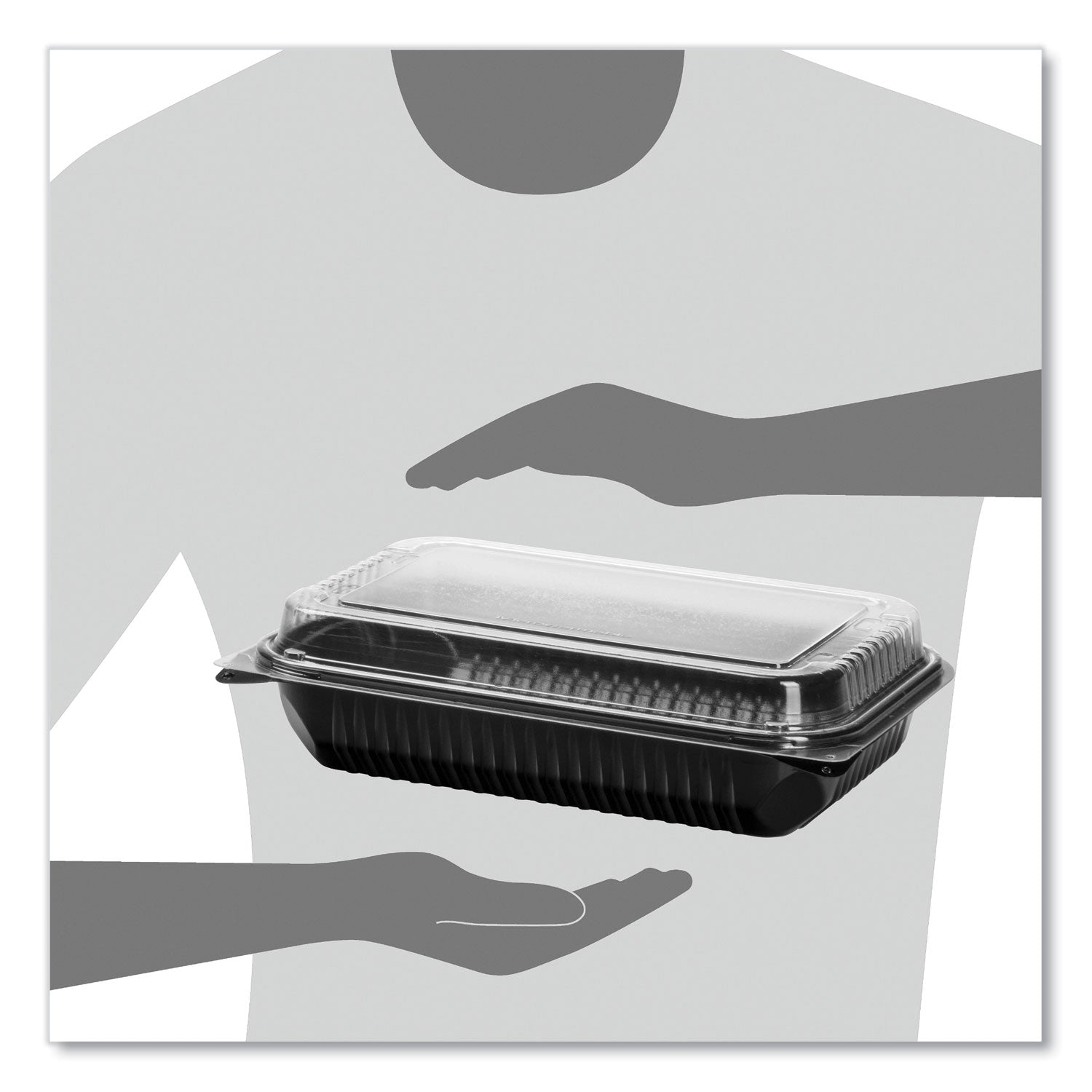 Hinged-Lid Dinner Box, 64 oz, 11.5 x 8.1 x 3, Black/Clear, Plastic, 100/Carton