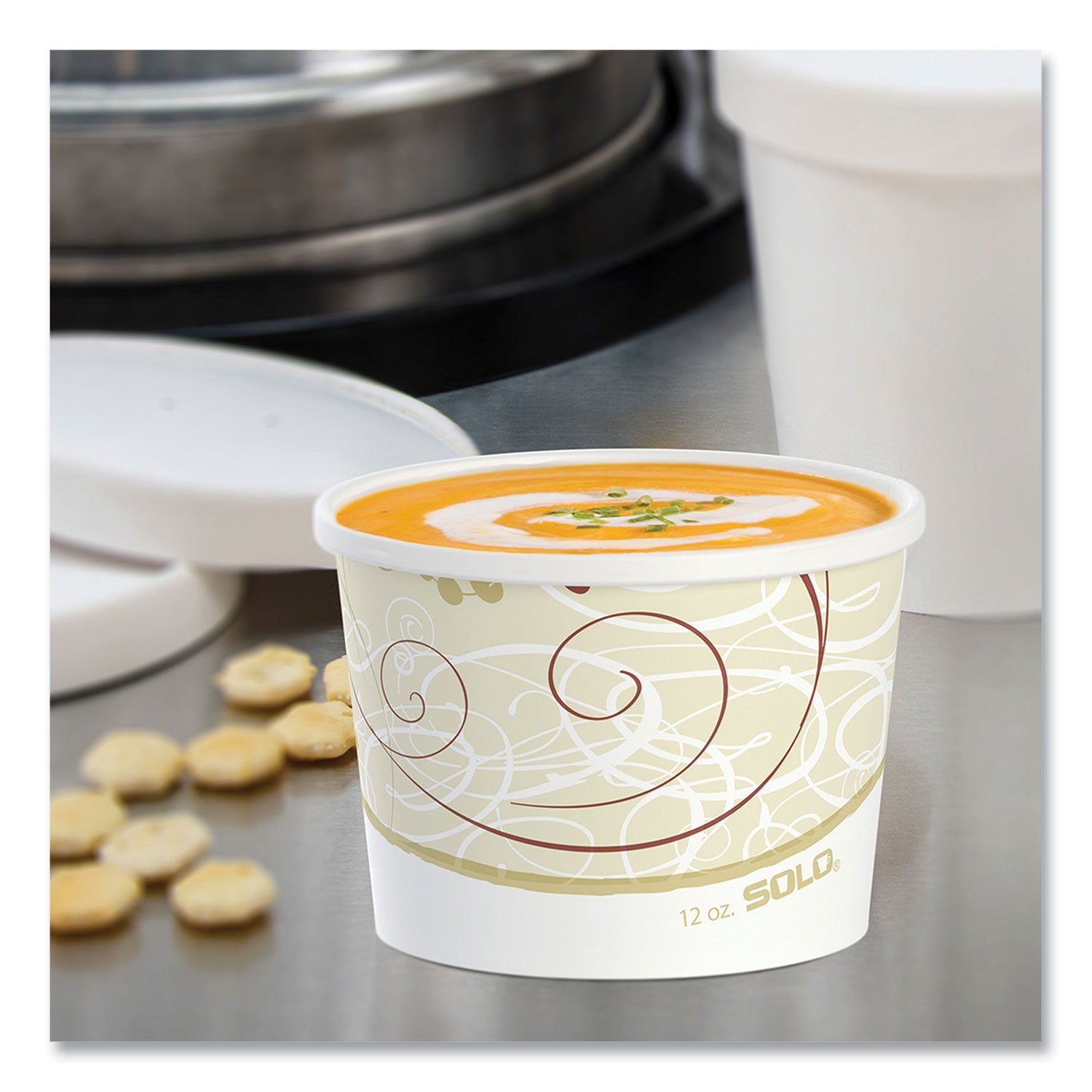 Double Poly Paper Food Containers, 12 oz, 3.6" Diameter x 3.3" h, Symphony Design, 25/Pack, 20 Packs/Carton