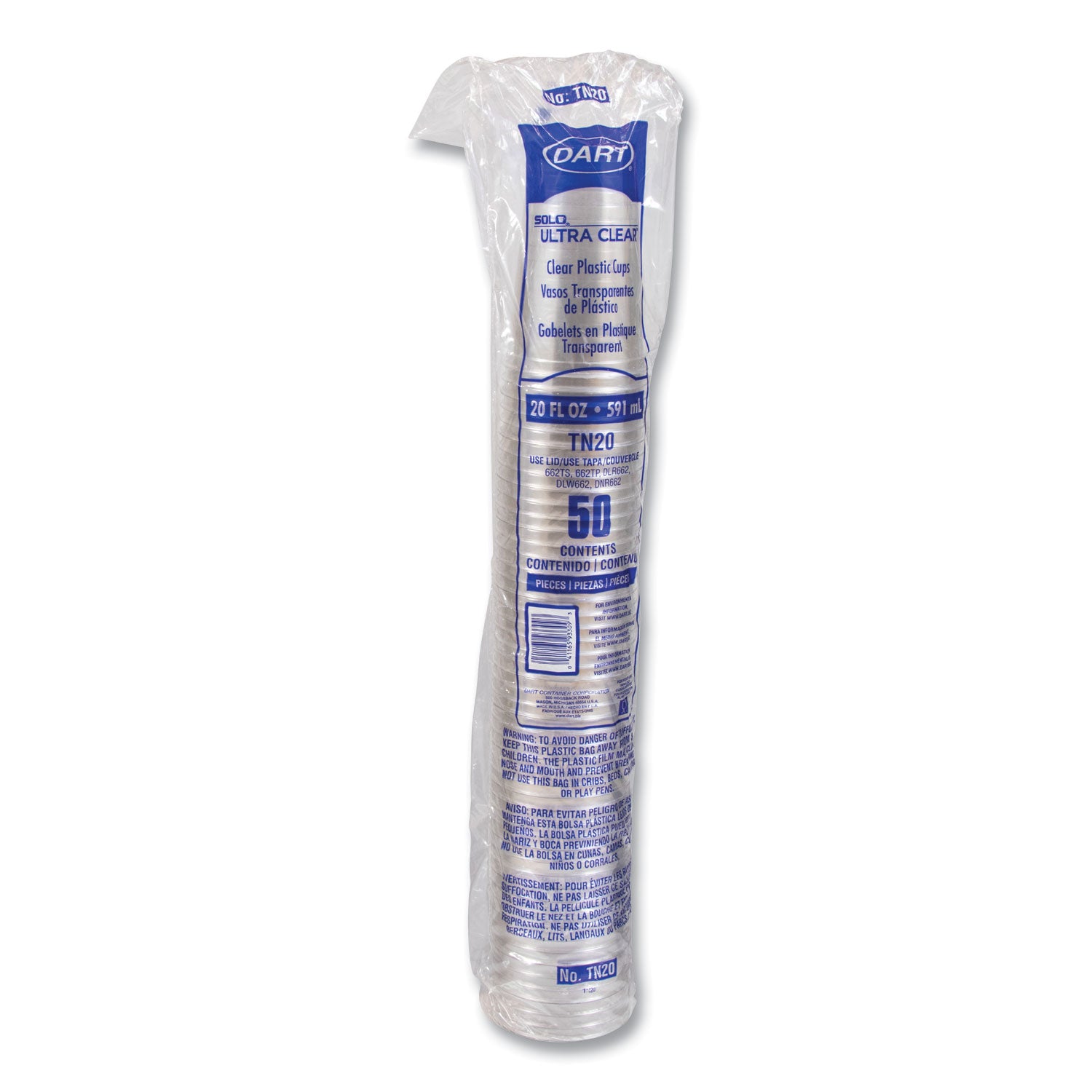 Ultra Clear PETE Cold Cups, 20 oz, Plastic, Clear, 50/Sleeve, 20 Sleeves/Carton