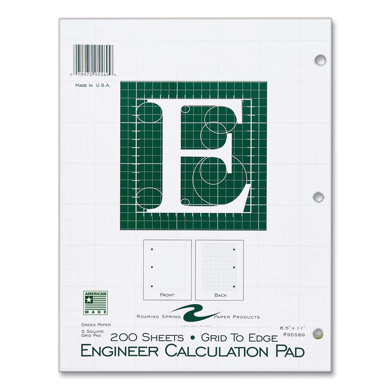Engineer Pad, (1.25" Margin), Quad Rule (5 sq/in, 1 sq/in), 200 Light Green 8.5 x 11 Sheets/Pad, 12/Carton