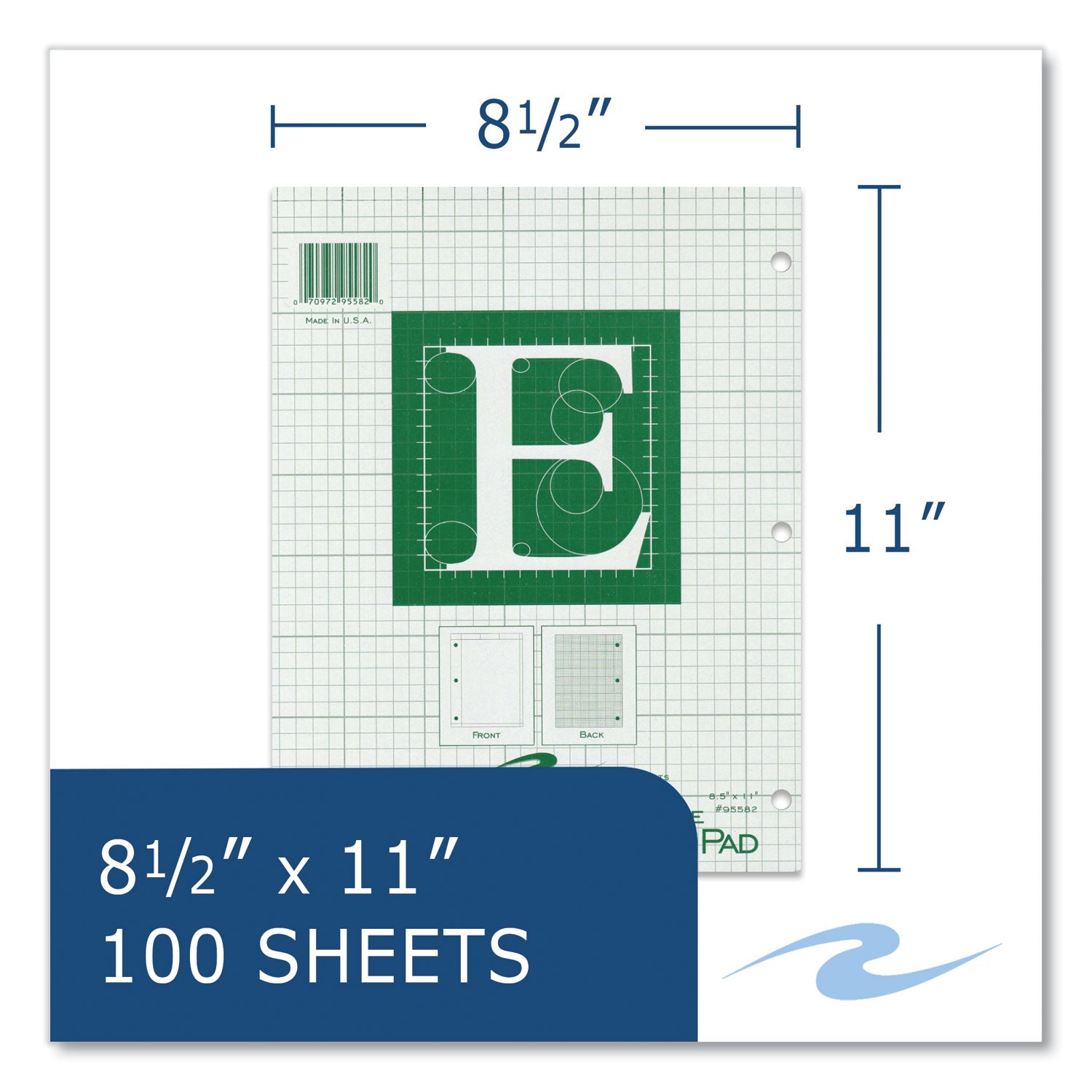 Engineer Pad, (1.25" Margin), Quad Rule (5 sq/in, 1 sq/in), 100 Light Green 8.5 x 11 Sheets/Pad, 24/Carton