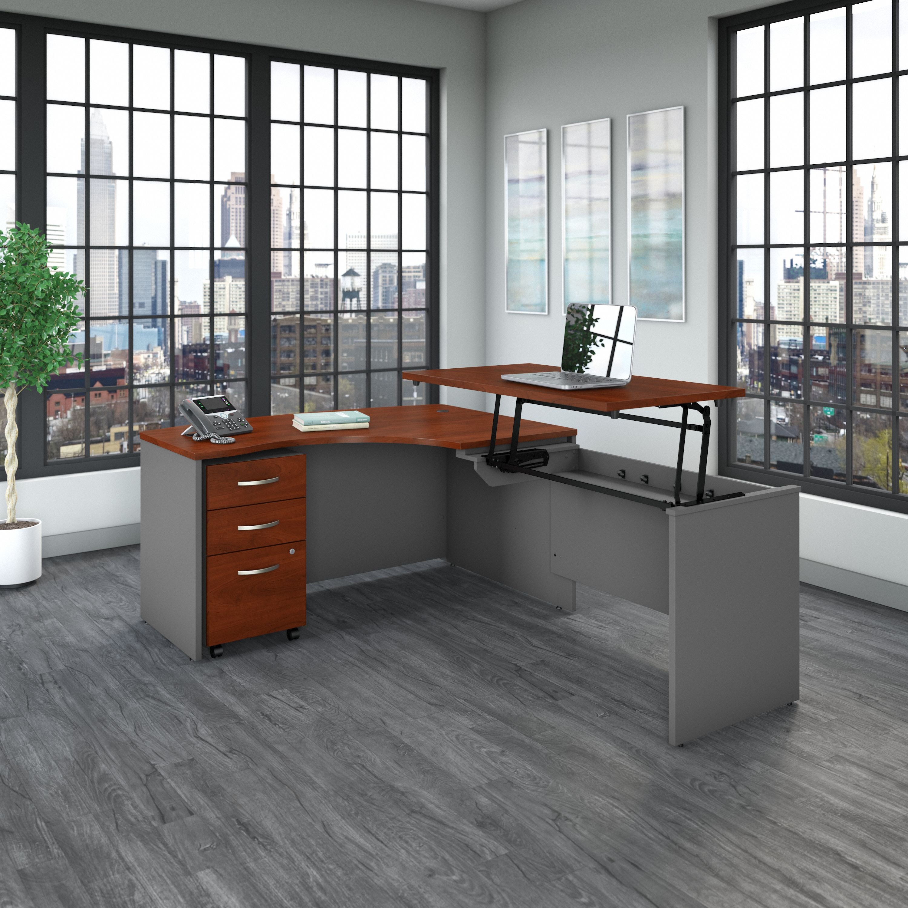 Bush Business Furniture Series C 60W x 43D Right Hand 3 Position Sit to Stand L Shaped Desk with Mobile File Cabinet in Hansen Cherry/Graphite Gray - 58.86" Width x 85.51" Depth x 29.84" Height