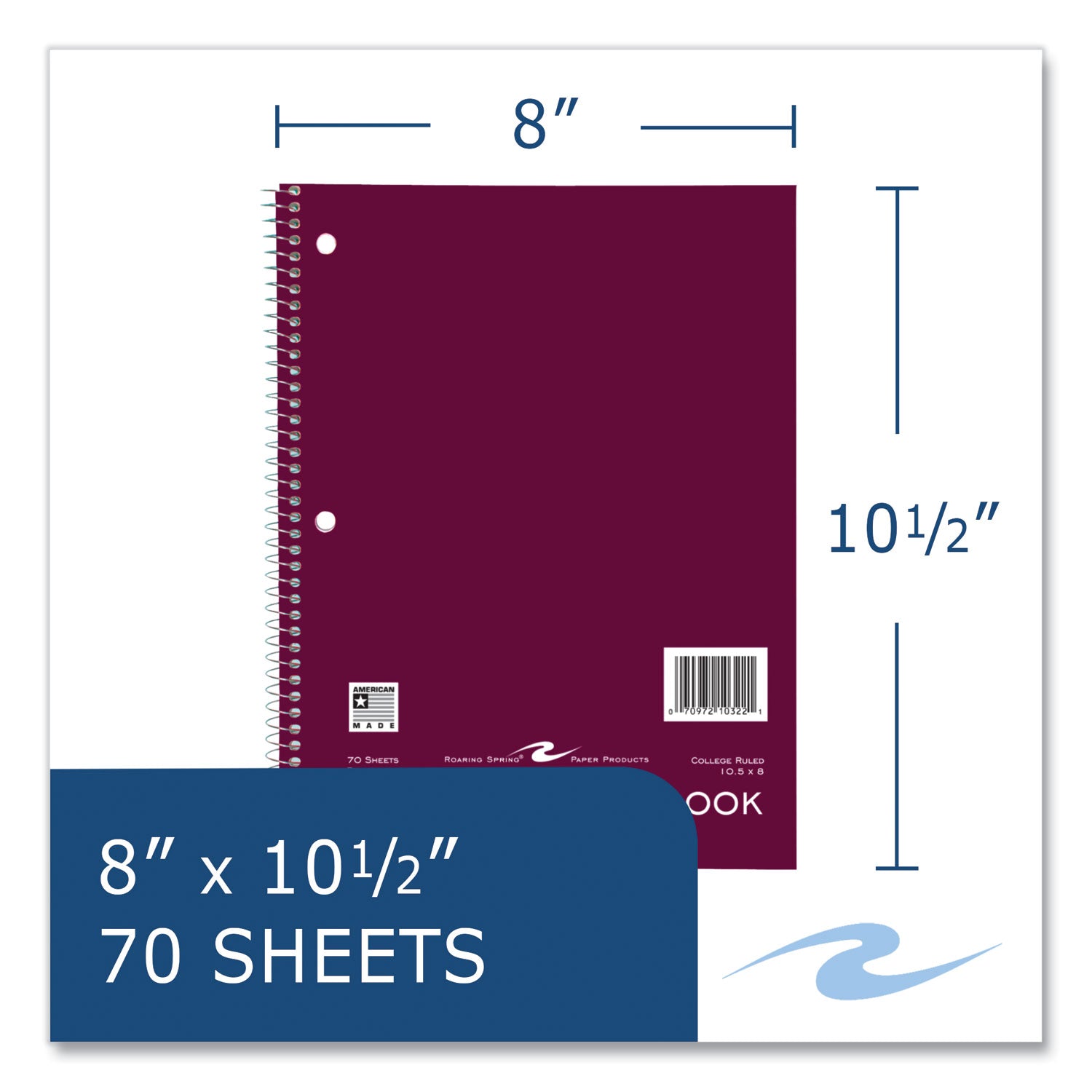 Roaring Spring College Ruled One Subject Spiral Notebook, 70 Sheets, 140 Pages, 10.5" x 8", 3-Hole Punched, Assorted Board Covers, 24 Notebooks per Carton