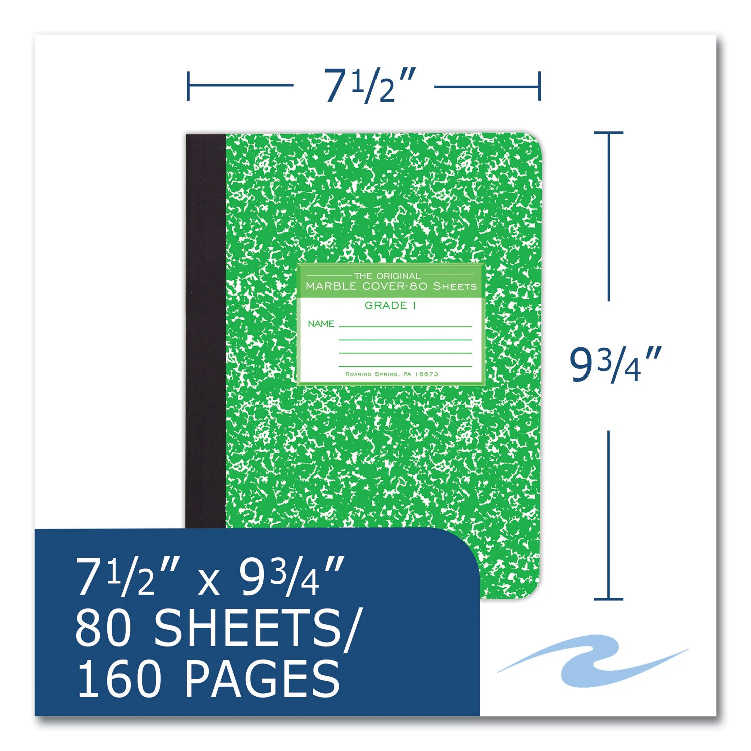 Roaring Spring Grade School Ruled Marble Hard Cover Composition Book, 80 Sheets, 160 Pages, 9-3/4" x 7-1/2", Green Marble Cover, 48 per Carton